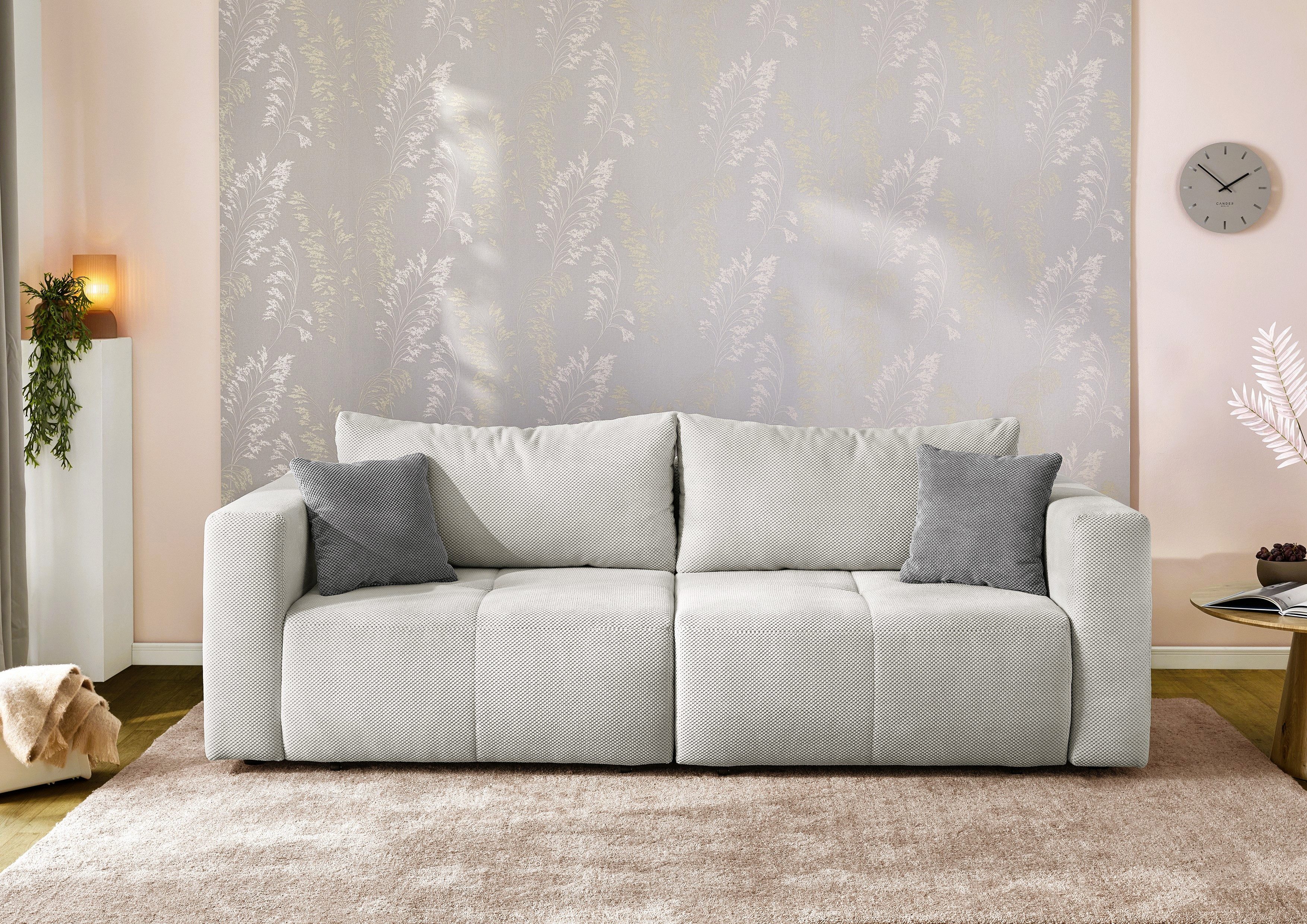luma-home Schlafsofa 15242, Verwandlungssofa: vom Big-Sofa zur Eckcouch, B243/T115-161/H84 cm, Gästebett mit 2 Bettkästen, Waffelcord-Bezug in Silbergrau
