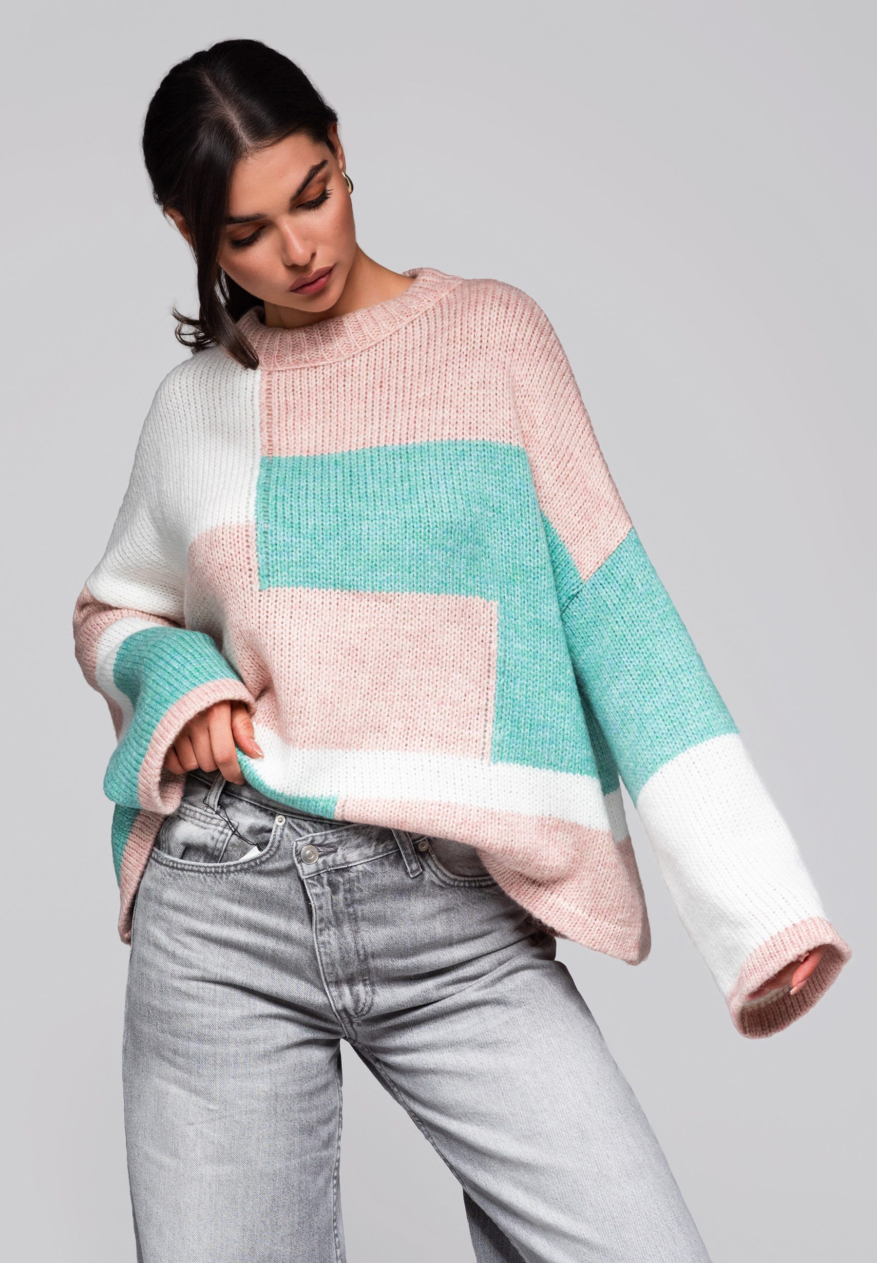 OMBRE Rundhalspullover Farbblock-Pullover mit Pastelltönen