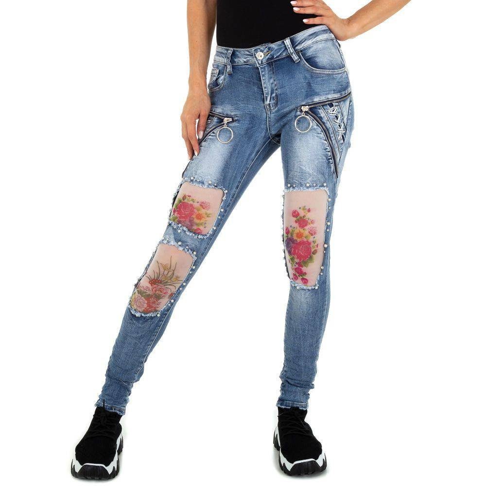Print Skinny-fit-Jeans & Damen Skinny Jeans Party Clubwear Blau Applikation Stretch Ital-Design in