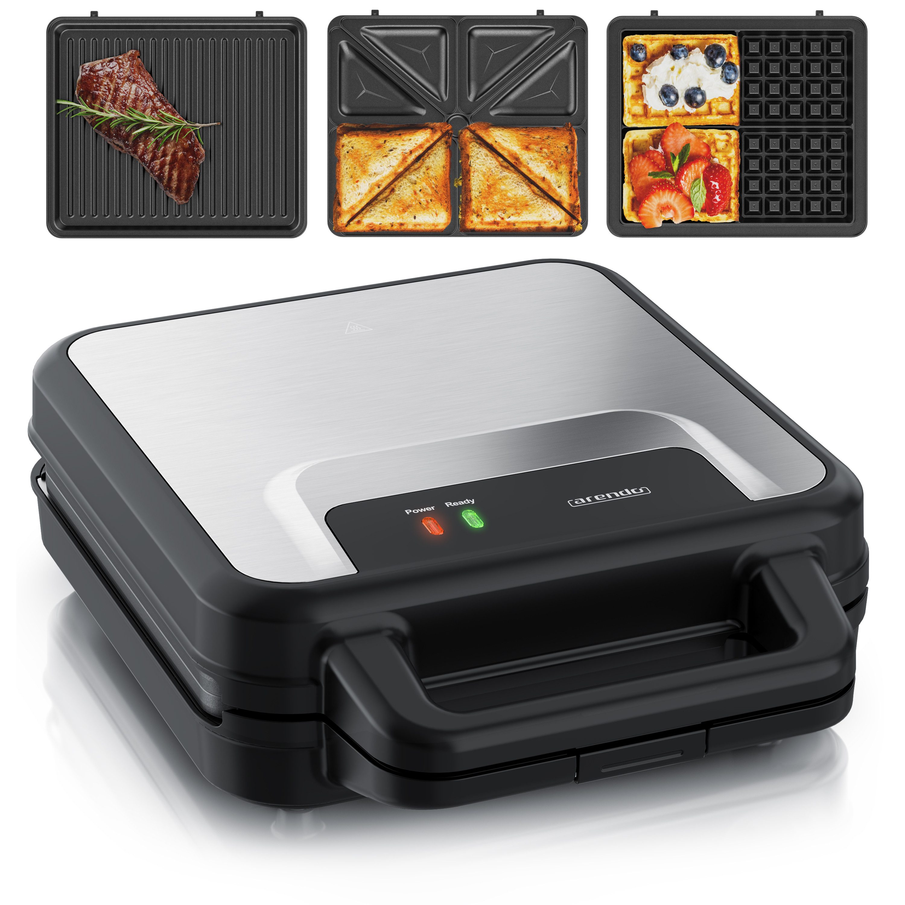 Arendo 3-in-1-Sandwichmaker Waffeleisen & Kontaktgrill, abnehmbare Antihaftbeschichtete Platten, 1400 W, 3-in-1: für Sandwich, Waffel & Grill, Panini, austauschbare Platten