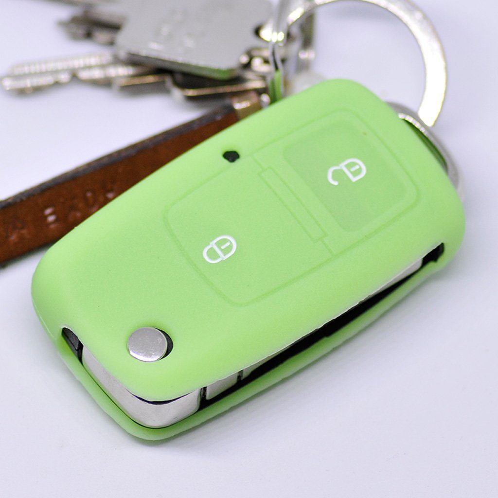 mt-key Schlüsseltasche Autoschlüssel Softcase Silikon Schutzhülle fluoreszierend Grün, für VW Golf Polo Fox EOS Jetta SEAT Skoda bis 2009 2 Tasten Schlüssel