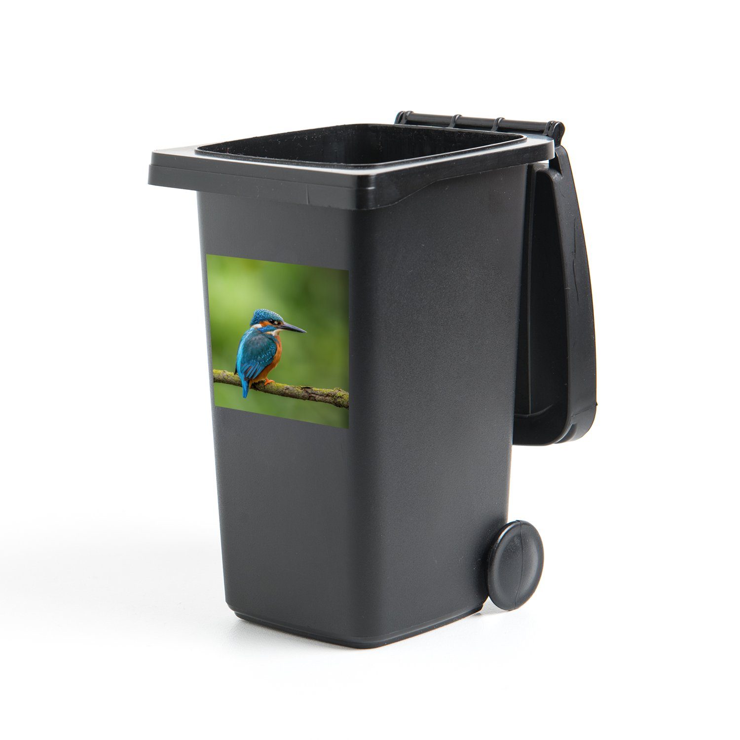 MuchoWow Wandsticker Eisvogel - Zweig - Moos - Vogel - Grün (1 St), Mülleimer-aufkleber, Mülltonne, Sticker, Container, Abfalbehälter