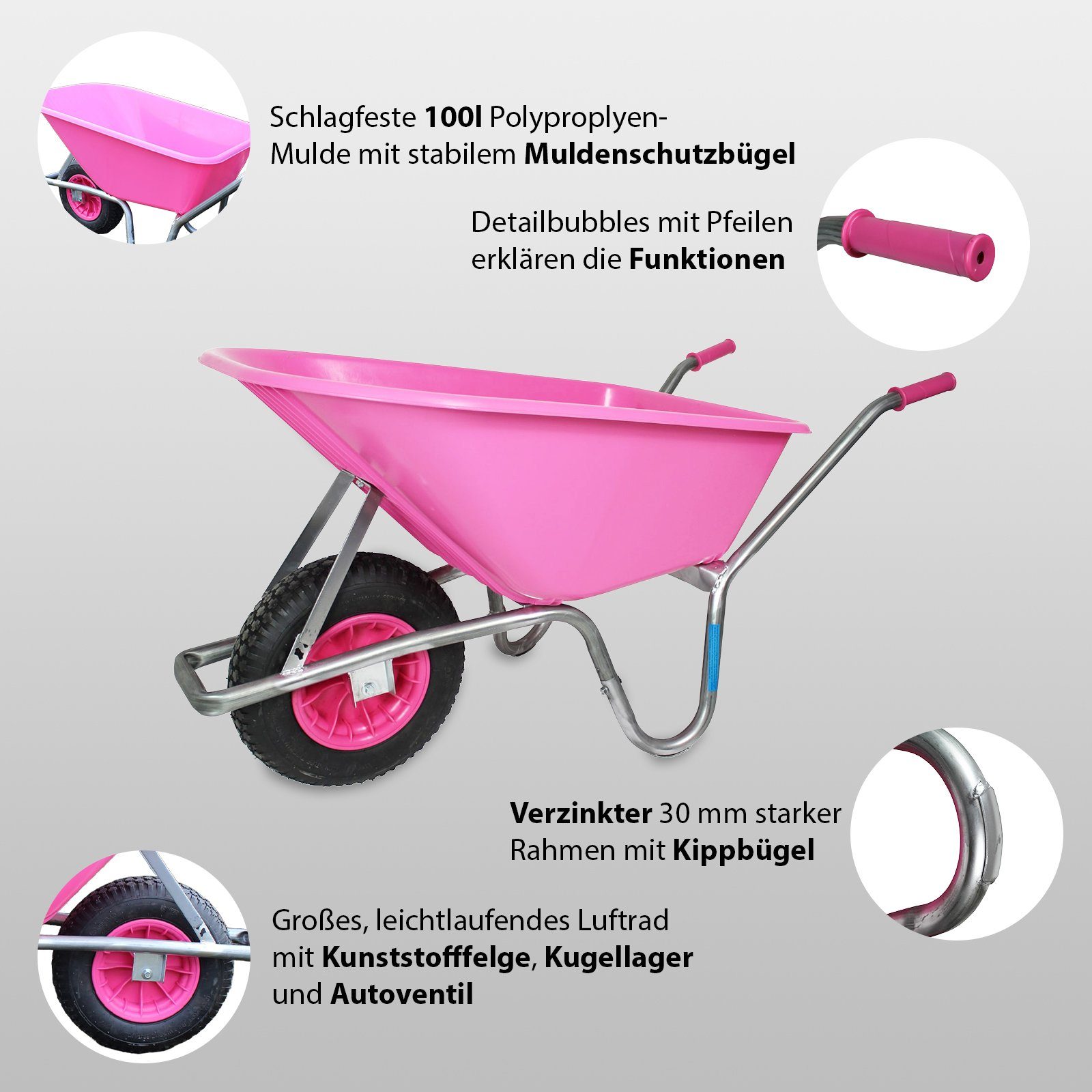 TRUTZHOLM Schubkarre TRUTZHOLM Schubkarre ROSA/PINK PP100 l Tragkraft 250 kg 100l, (Einzeln, 1-tlg), auffälliger Look