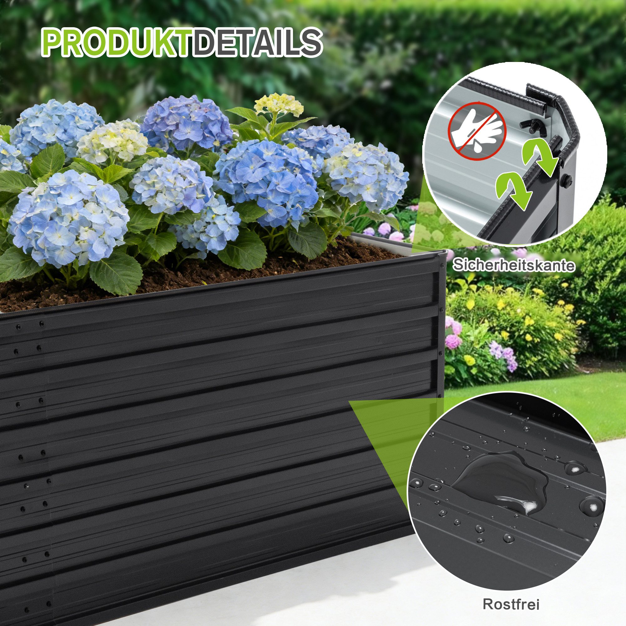 BlingBin Hochbeet Pflanzenbeet aus Metall Rechteck Gartenbeet zum Selber Bauen (1er Set, 1 St., 6*3*2FT), Stabiles verzinktes Beet mit Sicherheitsgummi für Gemüse Blumen Obst