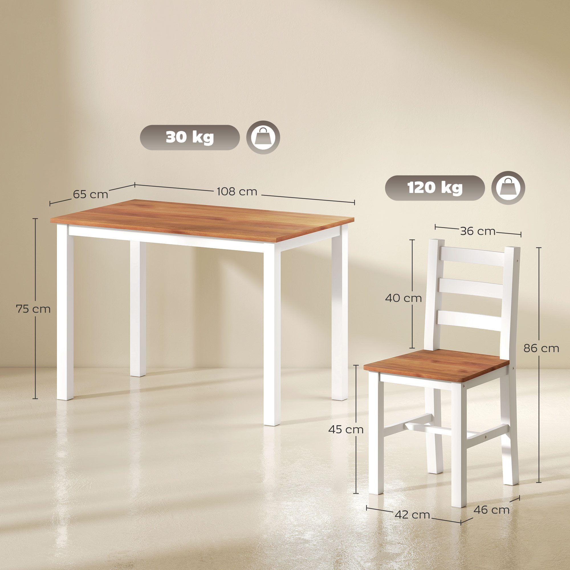 HOMCOM Essgruppe Esstisch mit 4 Stühlen Platzsparend Esszimmergruppe, (Rechteckig Küchentisch-set, 5-tlg., Sitzgruppe aus Kiefernholz), für Esszimmer, Küche, 108 x 65 x 75 cm, Braun+Weiß