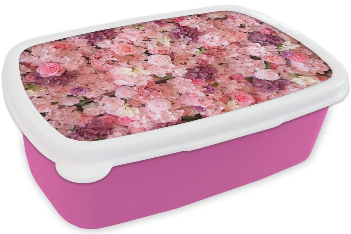 Erwachsene, Kunststoff, - - Blumen MuchoWow Brotbox Snackbox, Kinder, für Lunchbox Kunststoff Mädchen, Rosen, (2-tlg), Rosa Brotdose