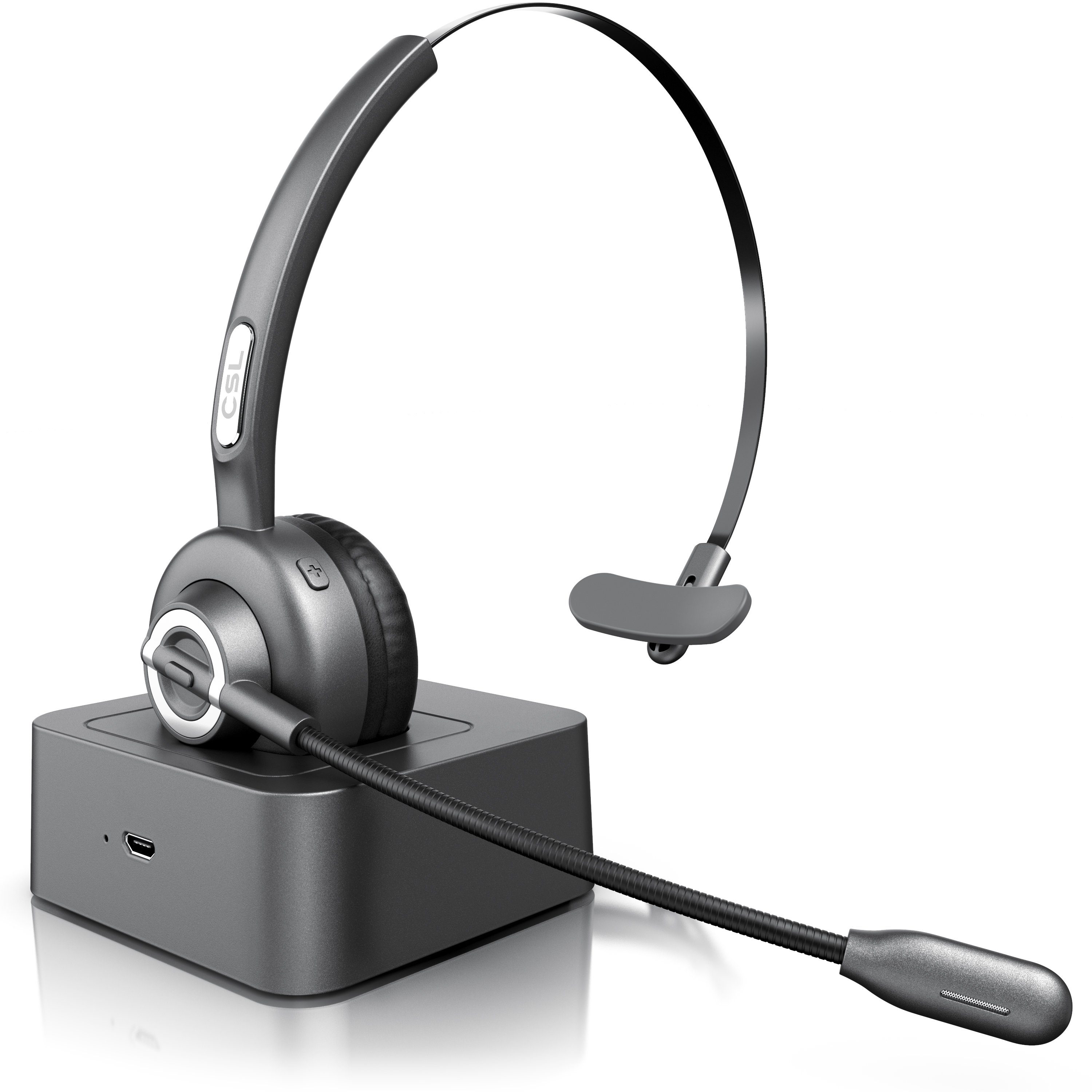 CSL Wireless-Headset (Bluetooth, Mono, Bluetooth, Ladestation, Kopfhörer mit flexiblem Mikrofon) grau