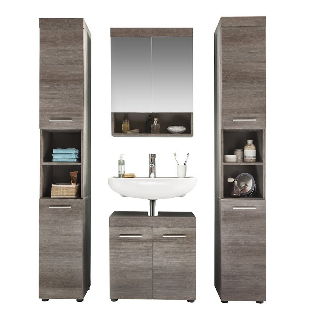 trendteam Badmöbel-Set Runner/MoonBad, Badezimmermöbel Hochschrank Spiegelschrank Waschbeckenunterschrank