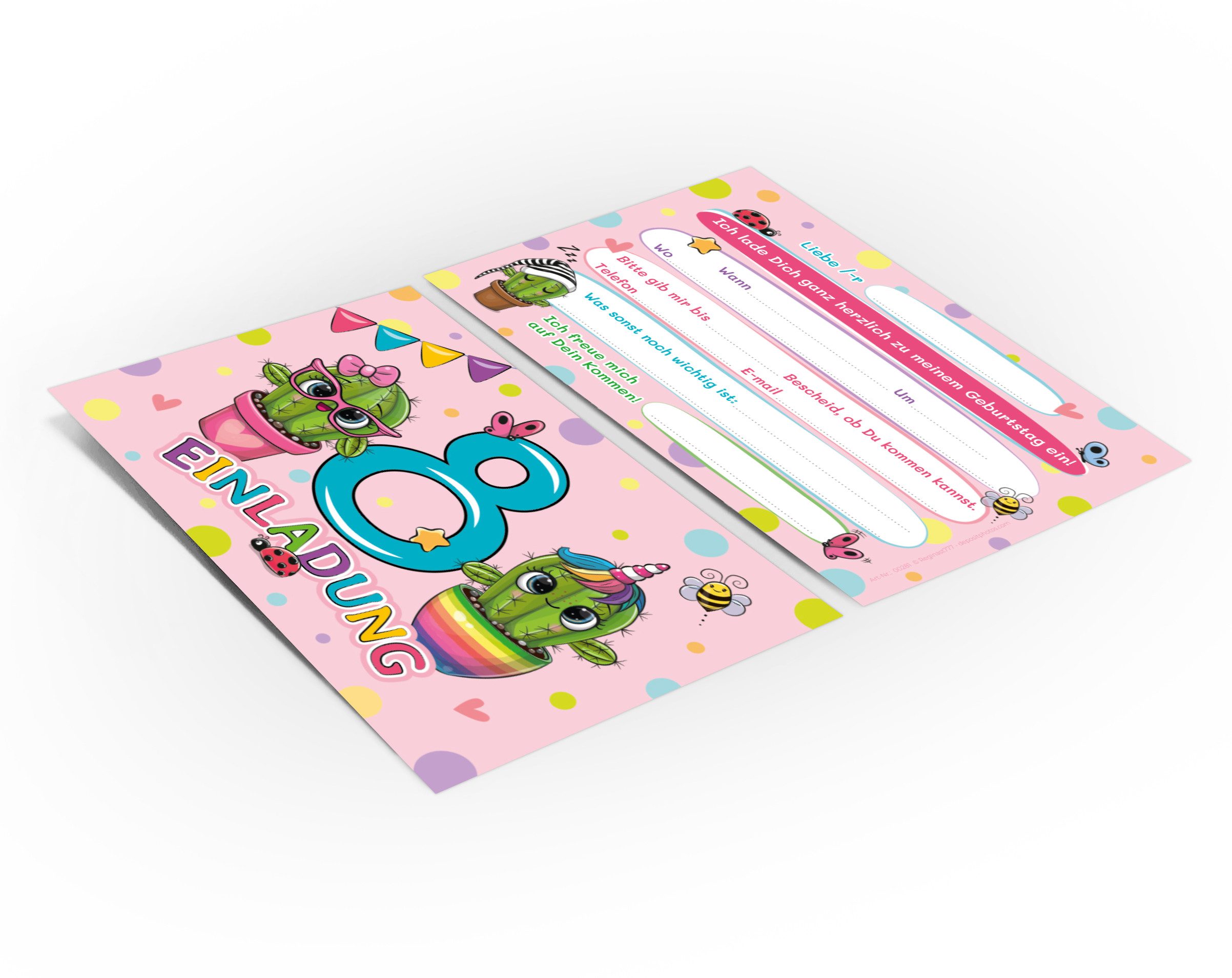 JUNAPACK Einladungskarten Kaktus Einladungen zum 8. Kindergeburtstag Blumen Karten Mädchen, Einladungskarten mit einem Kaktus Motiv für Kinder