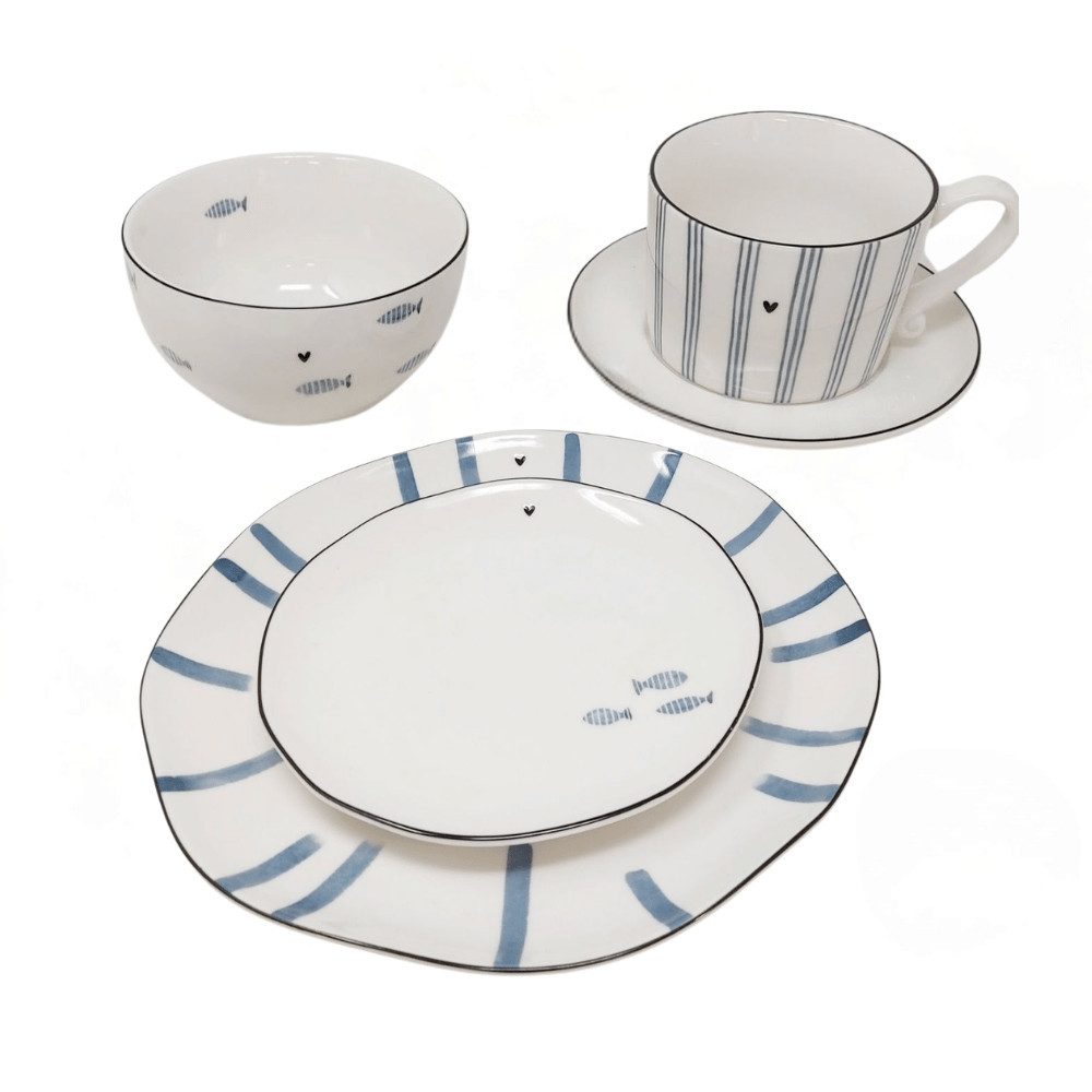 Bastion Collections Tafelservice Iris Blue, Keramik, Spülmaschinengeeignet, Weiß, Streifen, H: 15cm