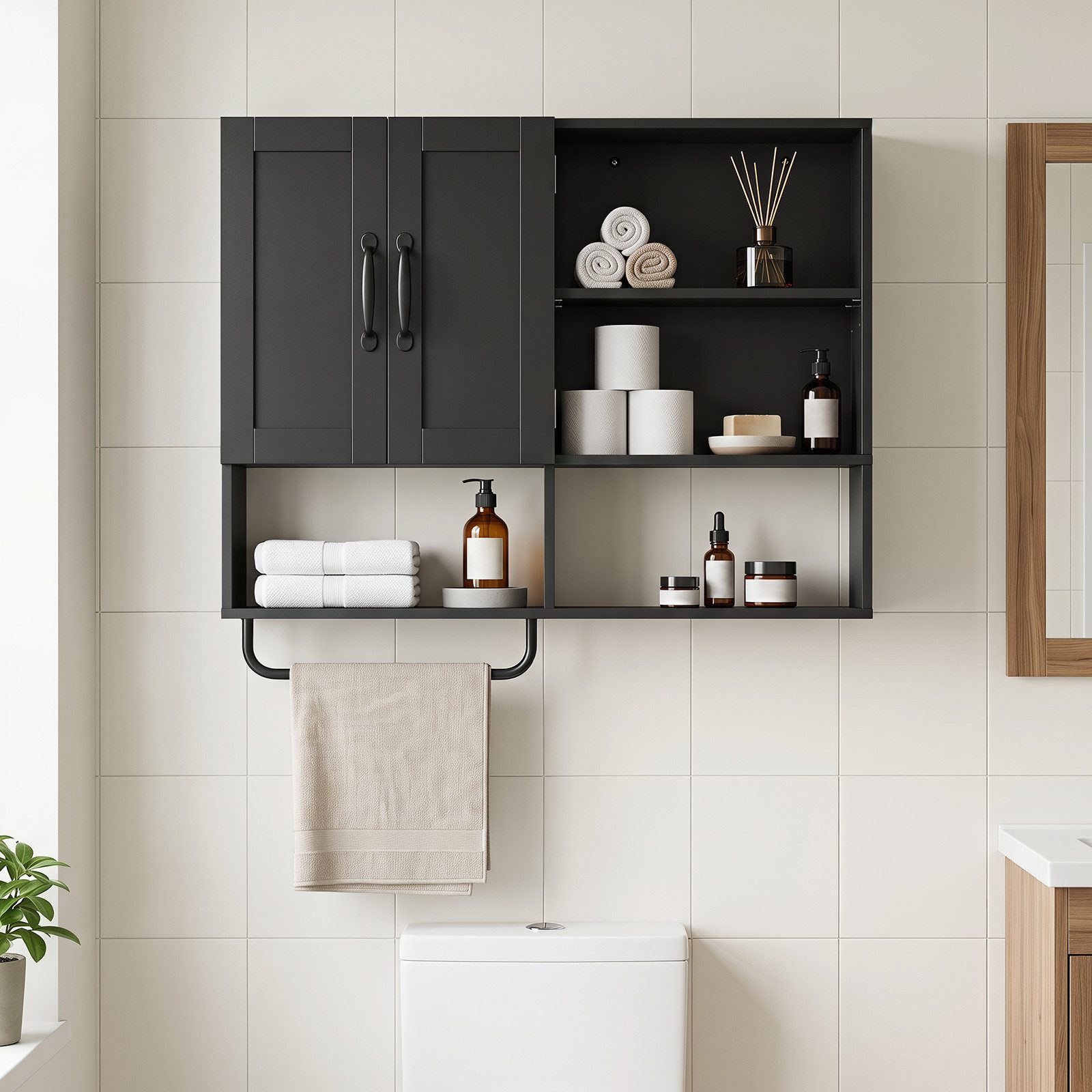 COSTWAY Hängeschrank Badezimmerschrank mit Handtuchhalter, Fächern Wandschrank Holz – Bild 2 von 5