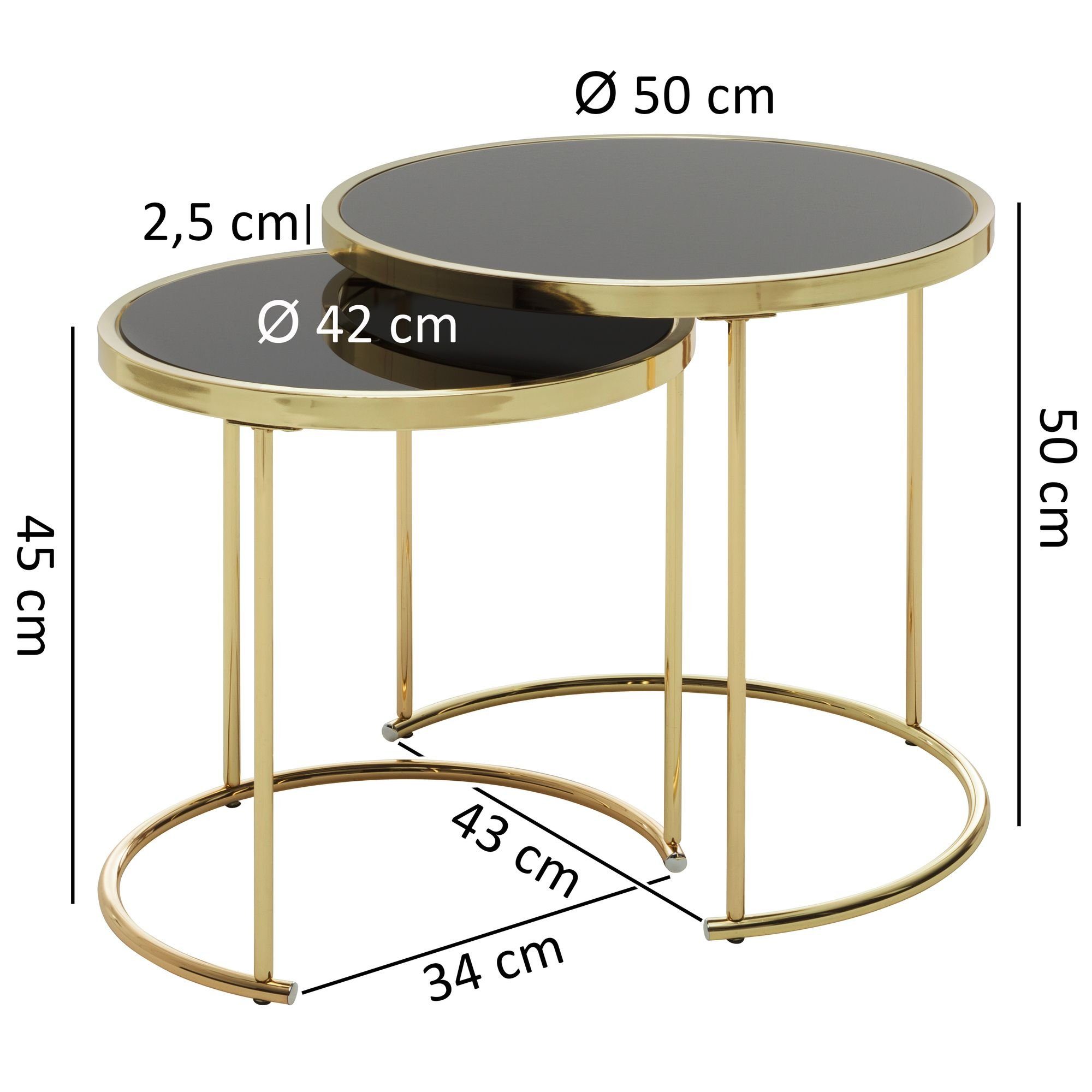 WL5.769 Set Tischen, Satztisch / / Beistelltisch zwei Couchtisch (Schwarz Metall aus Wohnling Gold Wohnzimmertisch Glas),