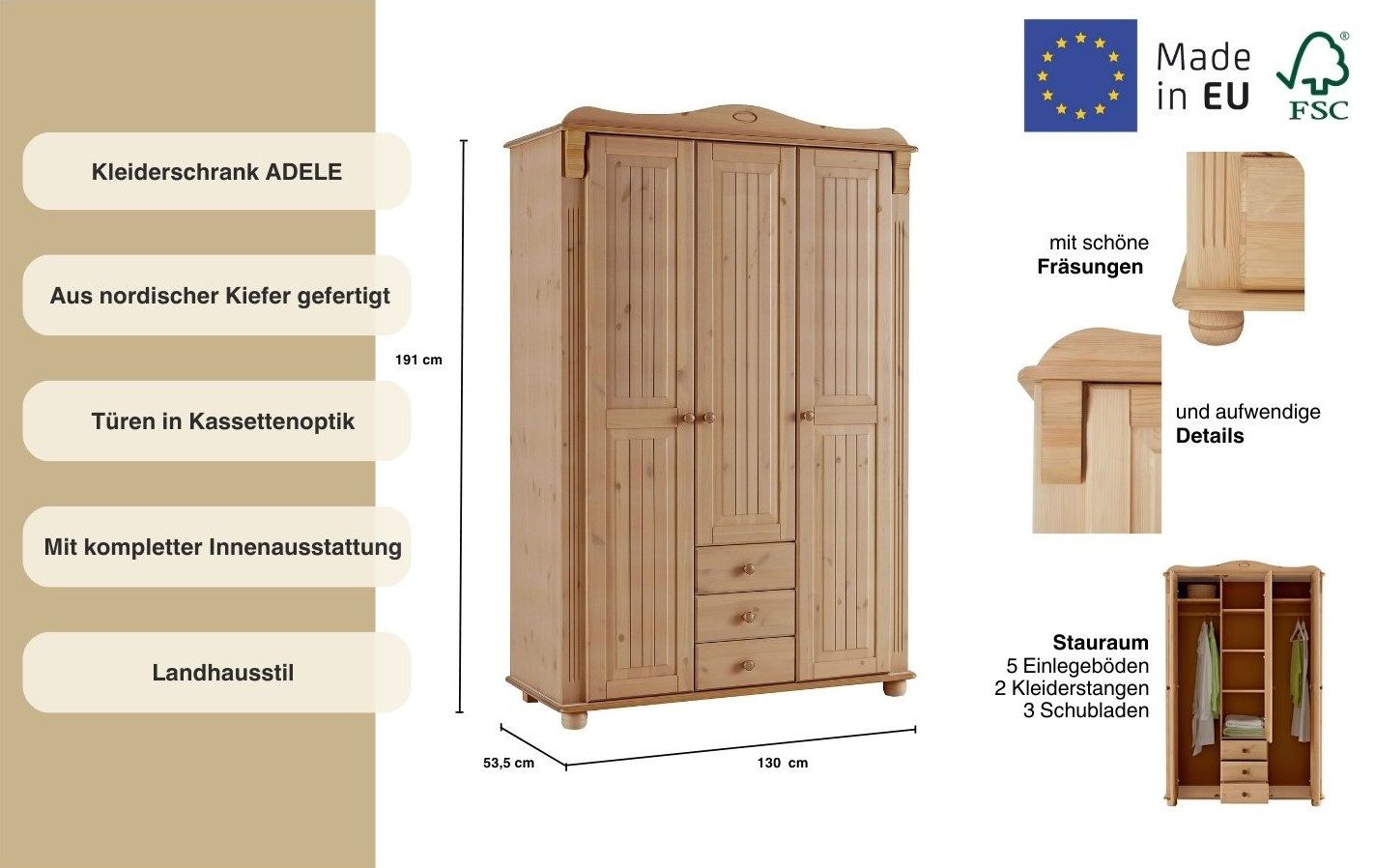 OTTO home Kleiderschrank Adele (4 Breiten: 92/130/169/207 H/T ca. 191/54 cm) aus massiver Kiefer,Spiegel beim 4-und 5-trg.Schrank, Innenausstattung