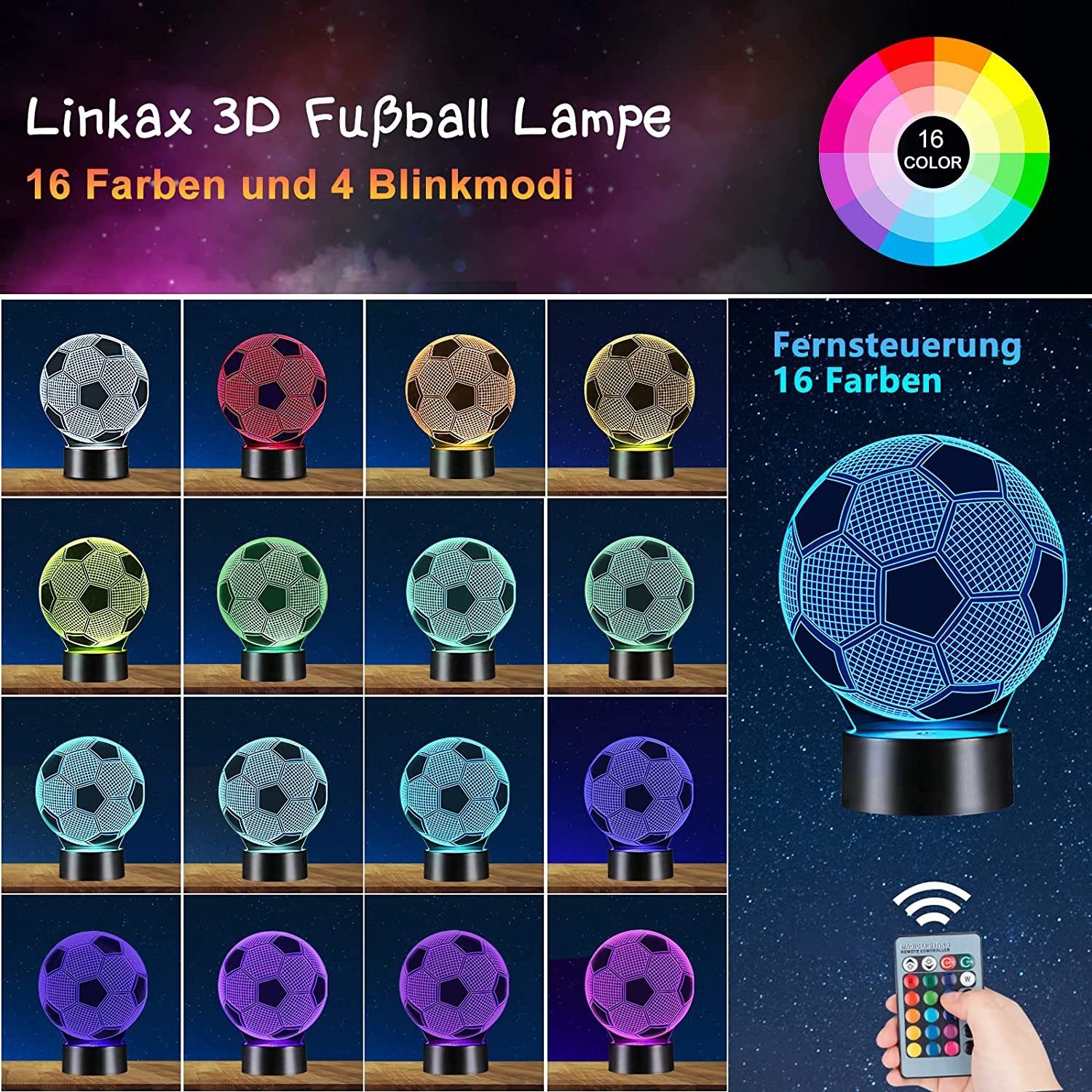 Farben Nachtlicht Kinder DOPWii 16 Jungen Geschenke Nachtlicht,Fussball 3D Mädchen