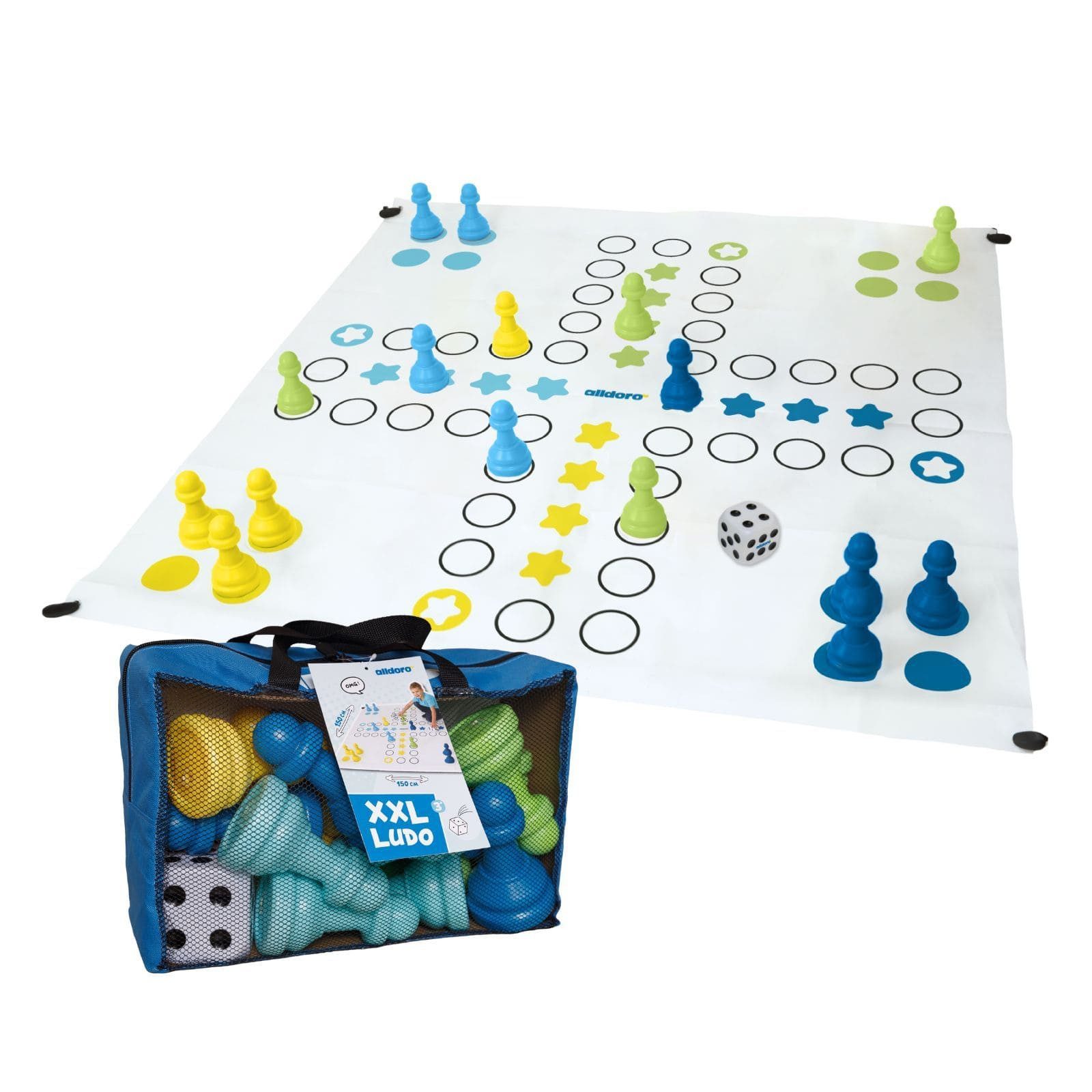 alldoro Spiel XXL Riesen Ludo, Brettspiel-Klassiker im Jumbo Format, 150 x 150 cm, XXL Ludo, indoor & outdoor, für 4 Mitspieler, geeignet für Kinder ab 3 Jahren