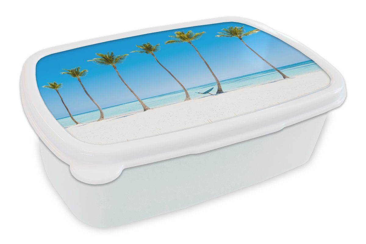 MuchoWow Lunchbox Meer - Palmen - Hängematte, Kunststoff, (2-tlg), Brotbox für Kinder und Erwachsene, Brotdose, für Jungs und Mädchen weiß