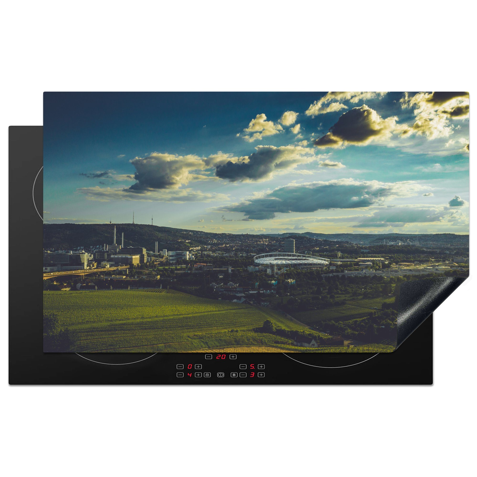 MuchoWow Herdblende-/Abdeckplatte Ansicht von Stuttgart mit der Mercedes-Benz Arena, Vinyl, (1 tlg), 83x51 cm, Ceranfeldabdeckung, Arbeitsplatte für küche