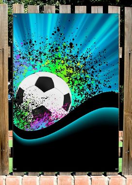 Wallario Sichtschutzzaunmatten Fußball - Design Wellen und Regenbogen in blau