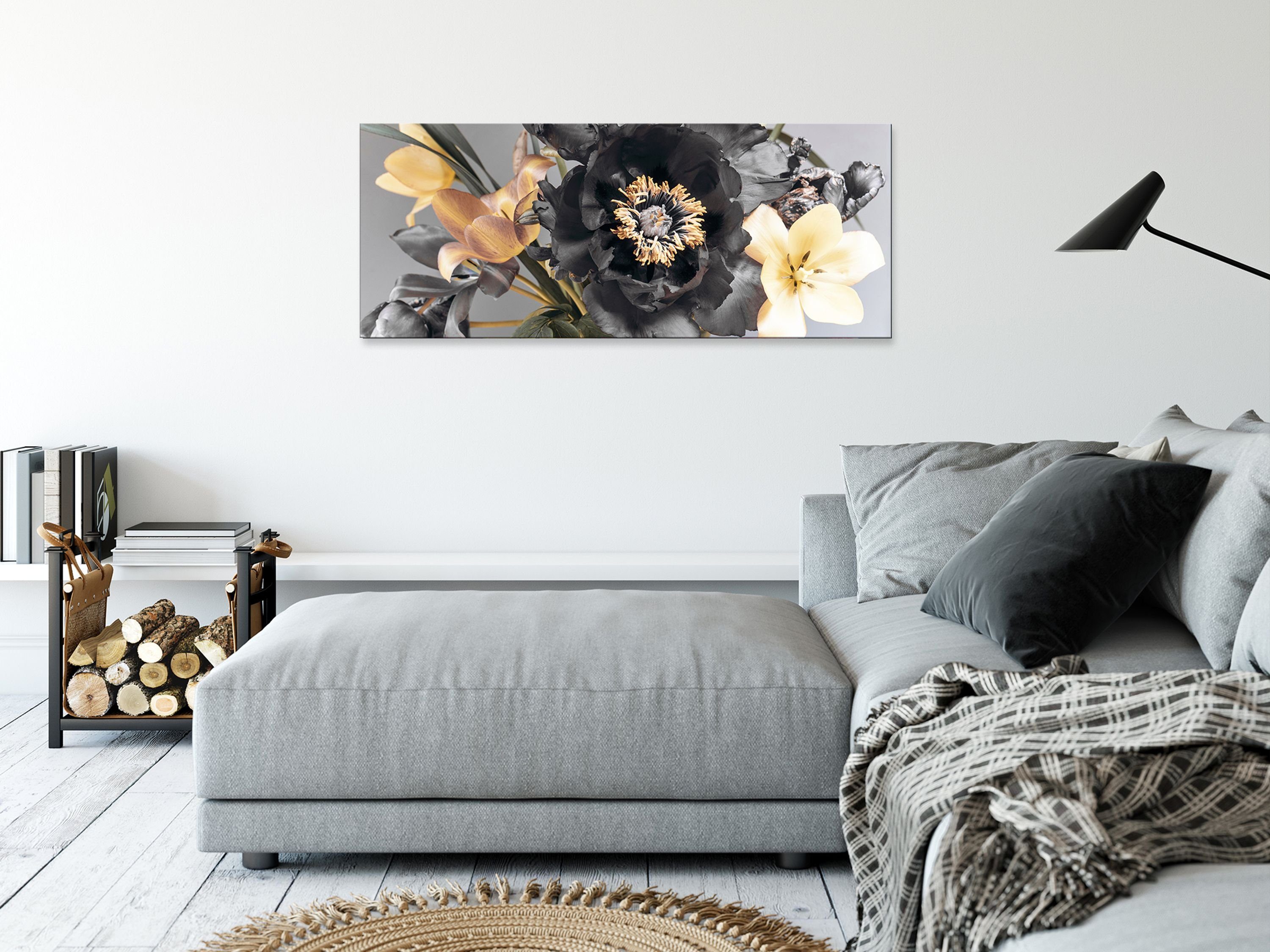cm gold, XXL Blüten: Glasbild 125x50 aus und Glasbild Glas schwarz, artissimo Bild groß Blumen-Strauss silber silber, Blumen