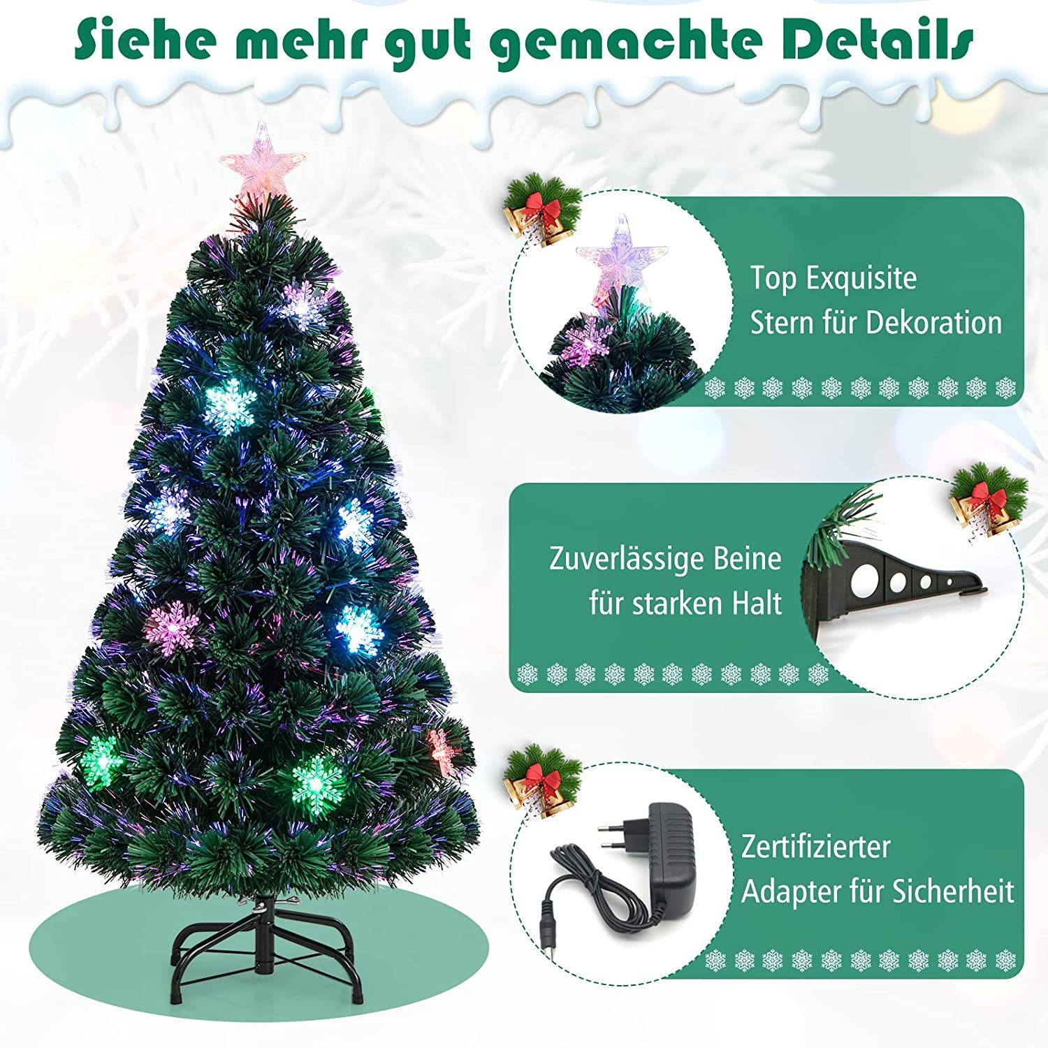 COSTWAY Künstlicher Weihnachtsbaum, mit 125 PVC Nadeln, 18 LEDs, Sternspitze