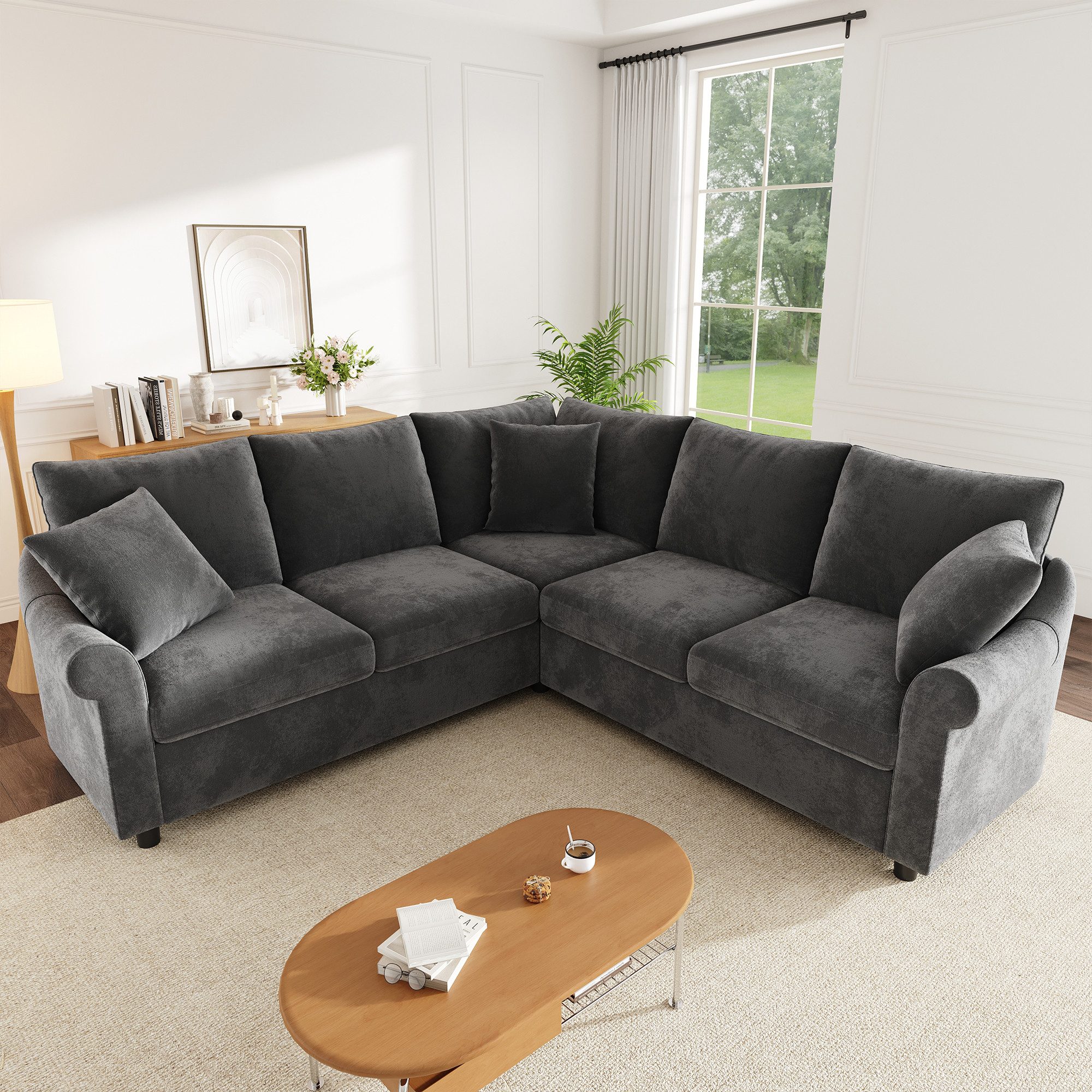 Flieks Ecksofa L-Form Couch mit Schlaffunktion 5-Sitzer Sofa aus Chenille-Stoff, 217×217×83 cm 1 Teile, Modulares Sofa mit 3 Zierkissen, Federkern für Wohnzimmer Dunkelgrau