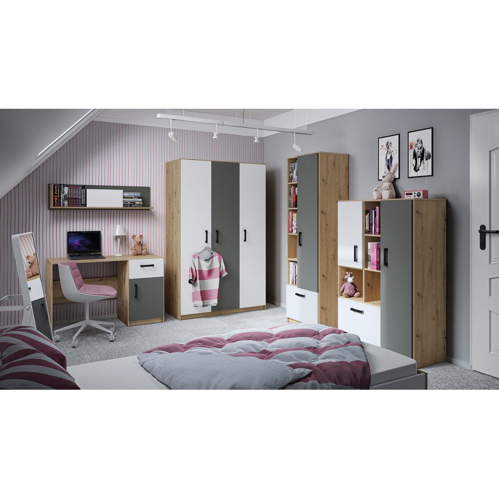 Lomadox Schlafzimmer-Set FYLI-131, (Spar-Set, 5-St), Jugendzimmer Set in Eiche mit weiß anthrazit