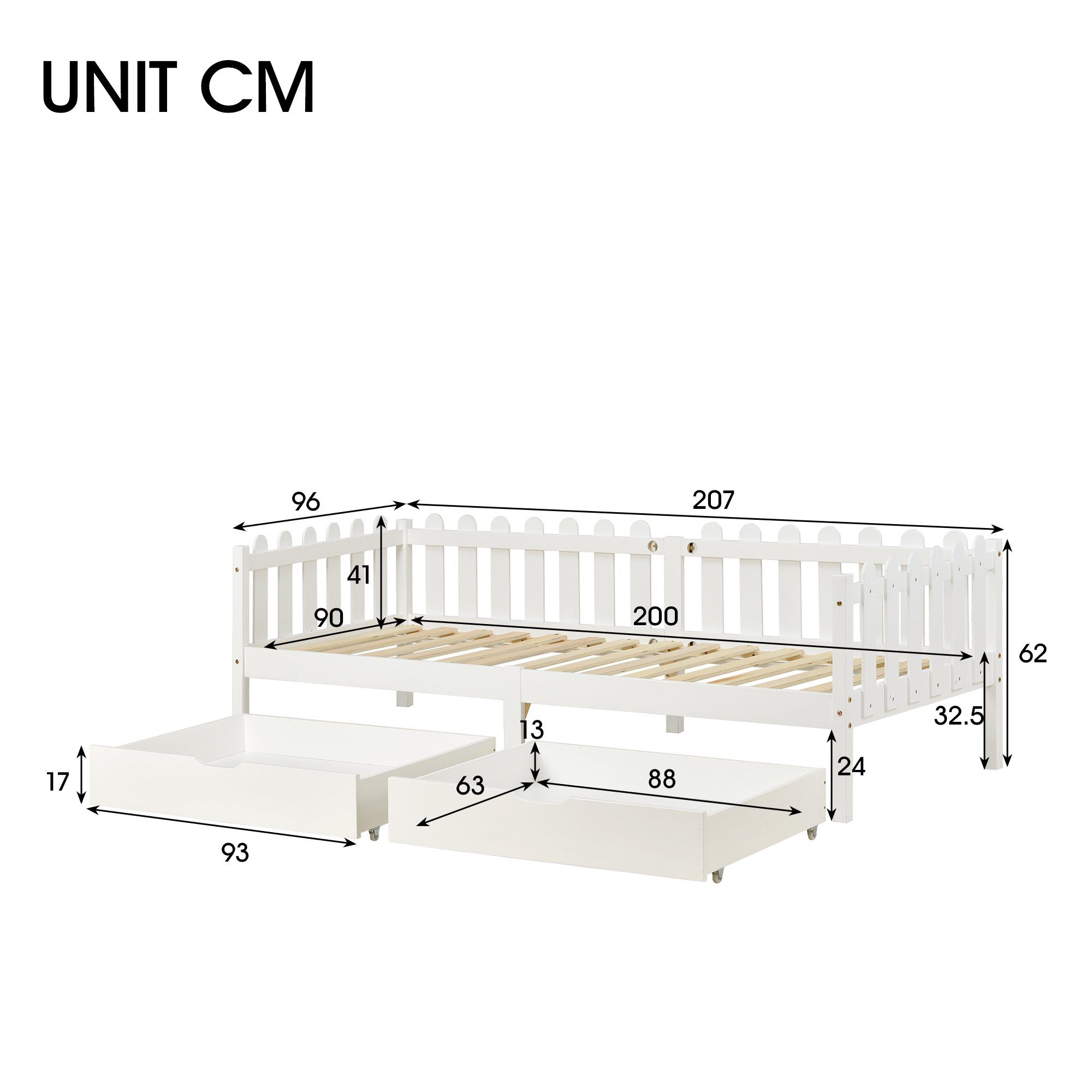 Daybett (1 tlg), Einzelbett Tagesbett Kinderbett mit Rausfallschutz, 2 MDF Schubladen und Lattenrost, Kiefernholz, Bett 200x90cm