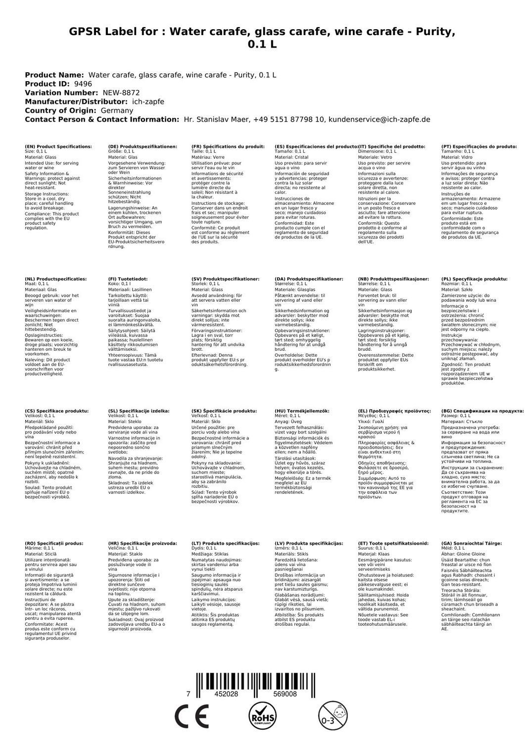 ich-zapfe Karaffe Karaffe, Wasserkaraffe, Glaskaraffe, Weinkaraffe - Purity, 0,1 l