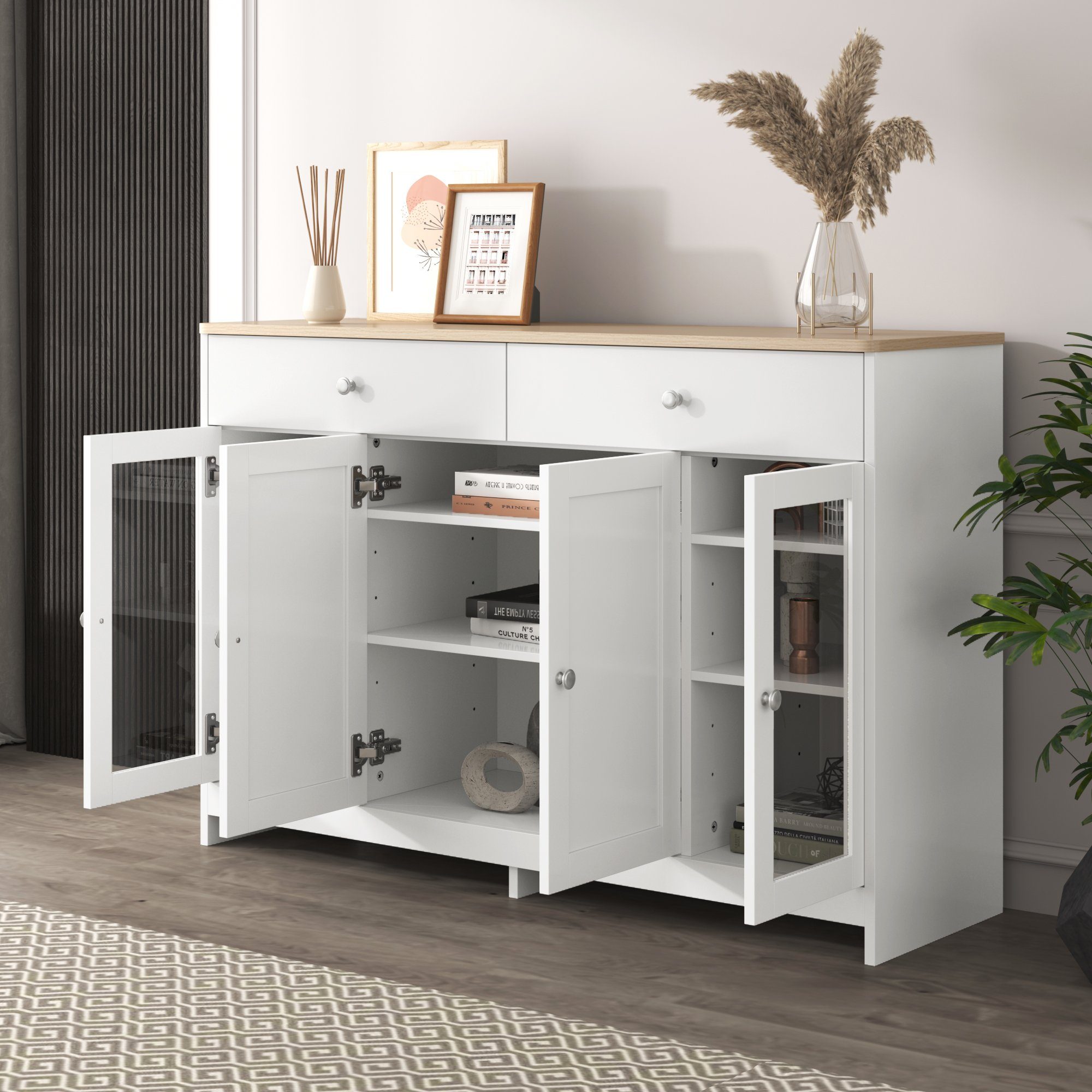 Merax Sideboard mit gehärteten Glastüren und Schubladen, Küchenschrank, Kommode im Landhausstil,Aufbewahrungsschrank,Breite 120cm