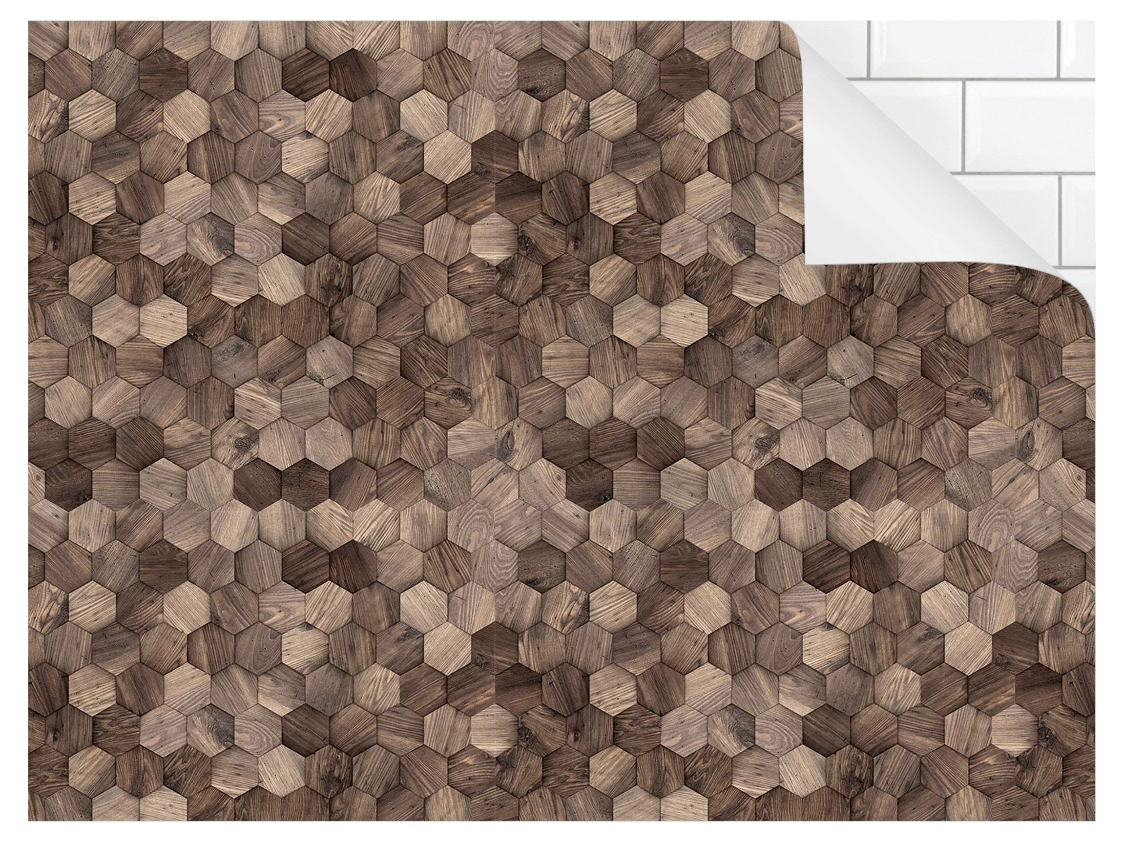 Bilderdepot24 Badrückwand braun fugenlose Wandverkleidung Bad modern, (Hartfolie matt » Selbstklebend SMART 0,35 mm), wasserfestes Wandpaneel Holz Hexagone Muster Eiseiche