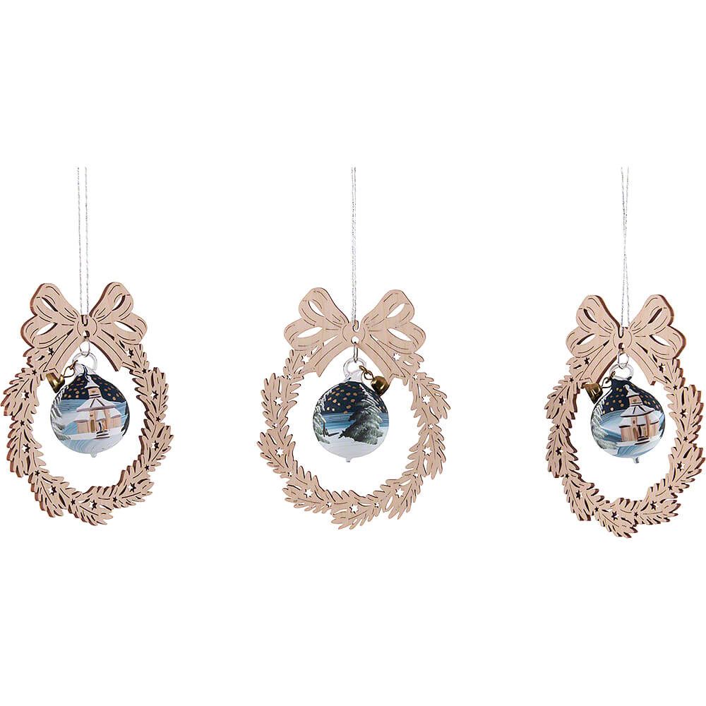 Tietze Erzgebirgsdesign Dekohänger Christbaumschmuck Glaskugel in Kranz - Seiffener Kirche (3er-Set - 9cm