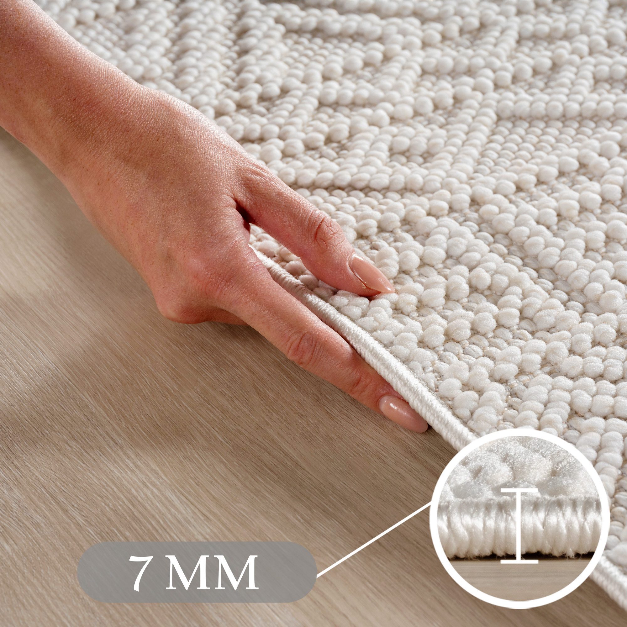Teppium Teppich Skandinavisches Vintage-Muster auf Bouclé-Teppich, Rund, Höhe: 20 mm, Kurzflor Schlingen Teppich Creme Boucle-Loop Wohnzimmer Teppich