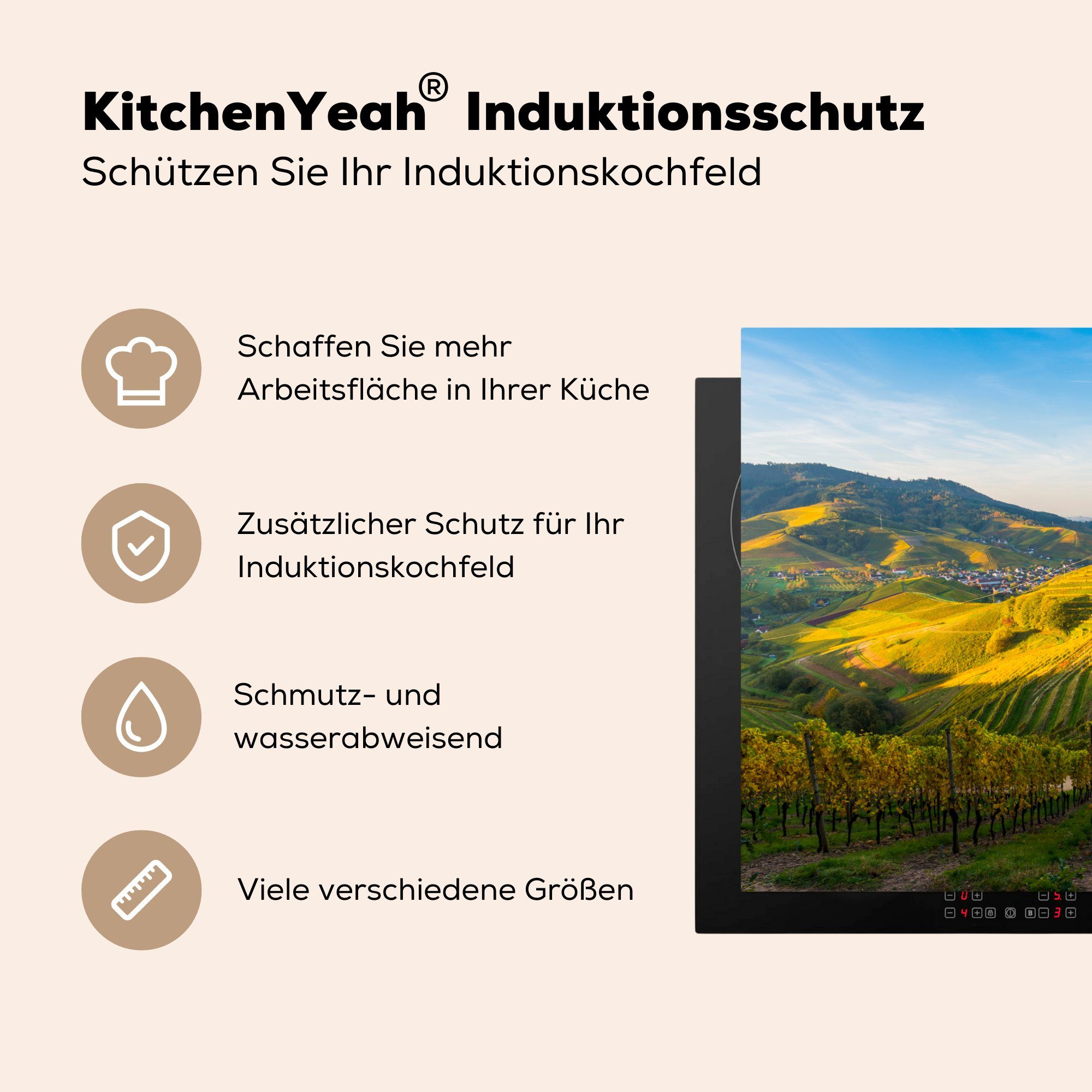 Vinyl, cm, MuchoWow tlg), über in 81x52 Schutz Hügel die die Induktionskochfeld Herdblende-/Abdeckplatte küche, Deutschland, (1 Ceranfeldabdeckung Blick für