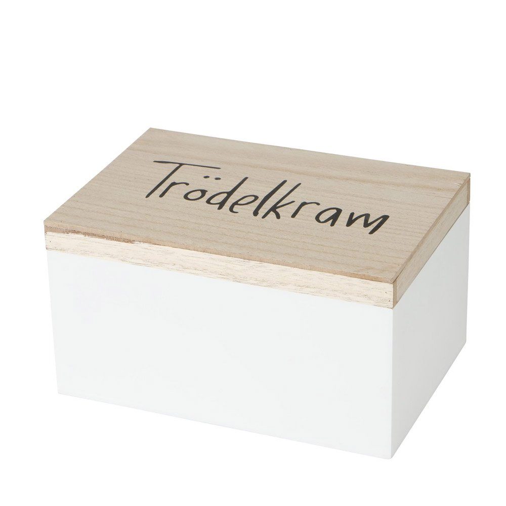 BOLTZE Aufbewahrungskorb Holzbox TRÖDELKRAM natur weiß mit schwarzer Schrift Box mit Klappdeckel - MITTEL
