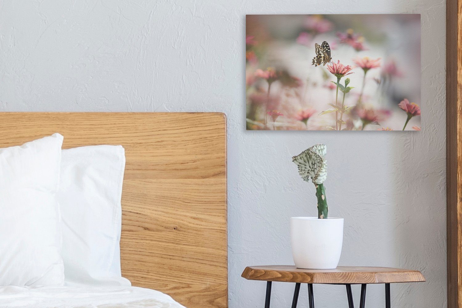 OneMillionCanvasses® Leinwandbild Schmetterling Wandbild Aufhängefertig, St), - Rosa, - 30x20 Blume Leinwandbilder, (1 Wanddeko, cm