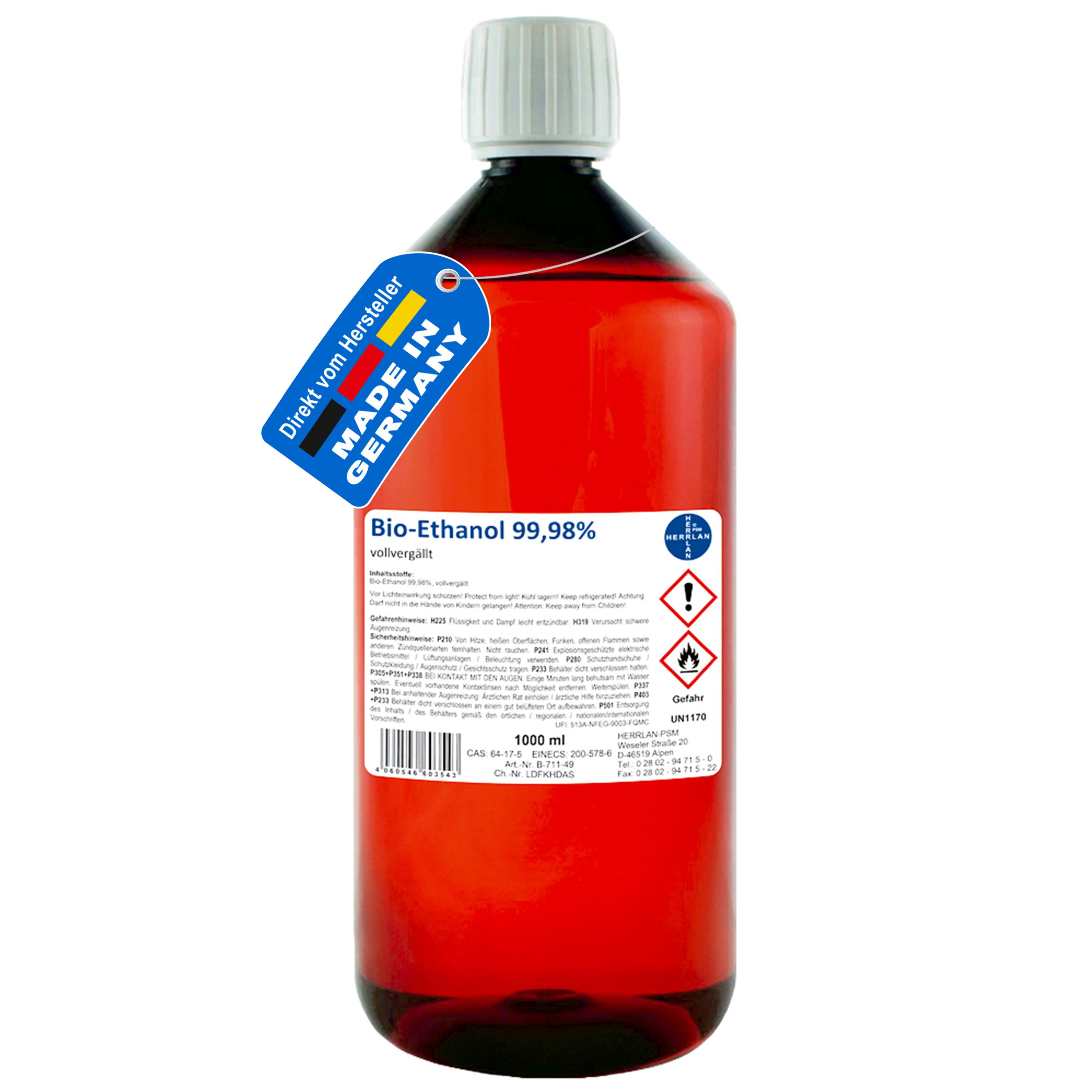 HERRLAN Bioethanol Kamin-Ethanol, 99,98% Alkohol-Gehalt, wasserfrei, 1 l, H günstig online kaufen