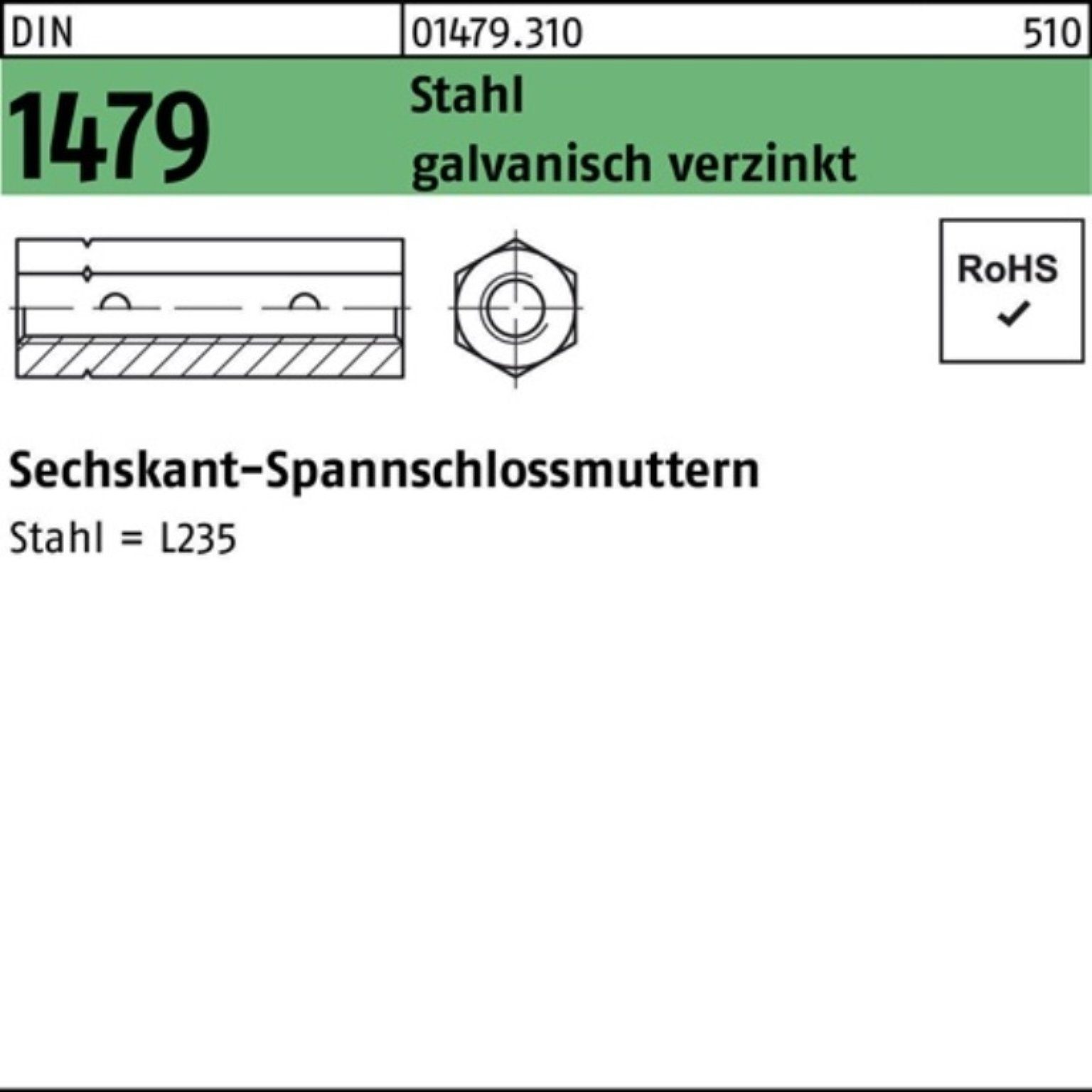 Reyher Spannschloss 100er Pack Sechskantspannschlossmutter DIN 1479 ÜZ M16 Stahl galv.ver