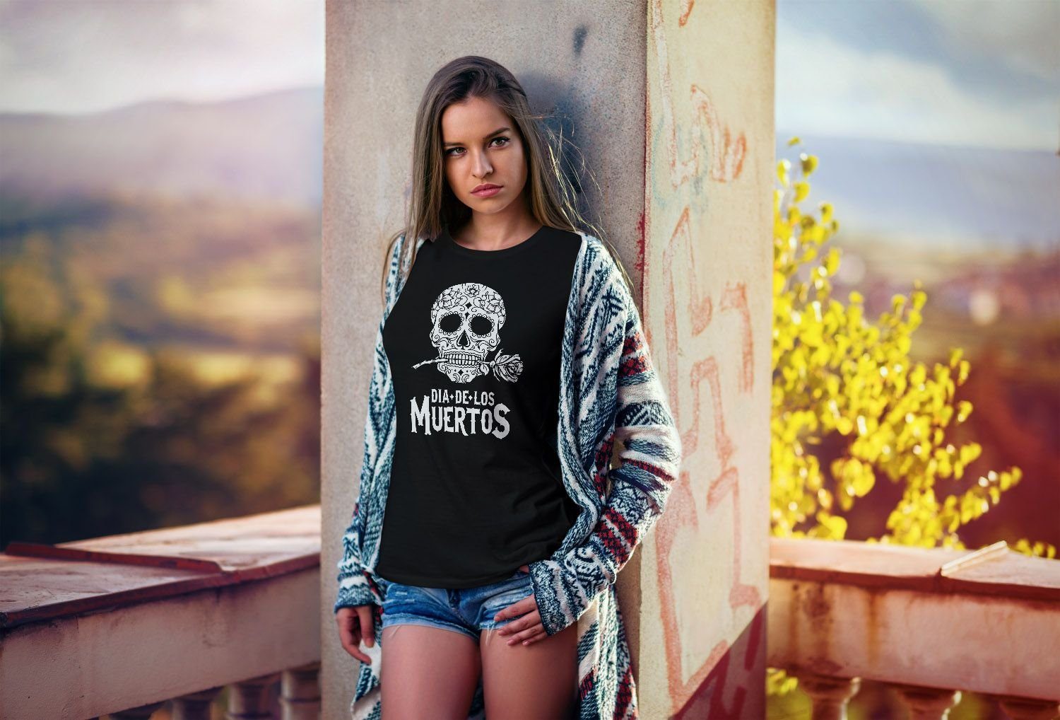 Skull Los Print Muertos T-Shirt Damen Blumen Sugar Dia Neverless® mit Fit mit Slim Neverless Print-Shirt De Totenkopf