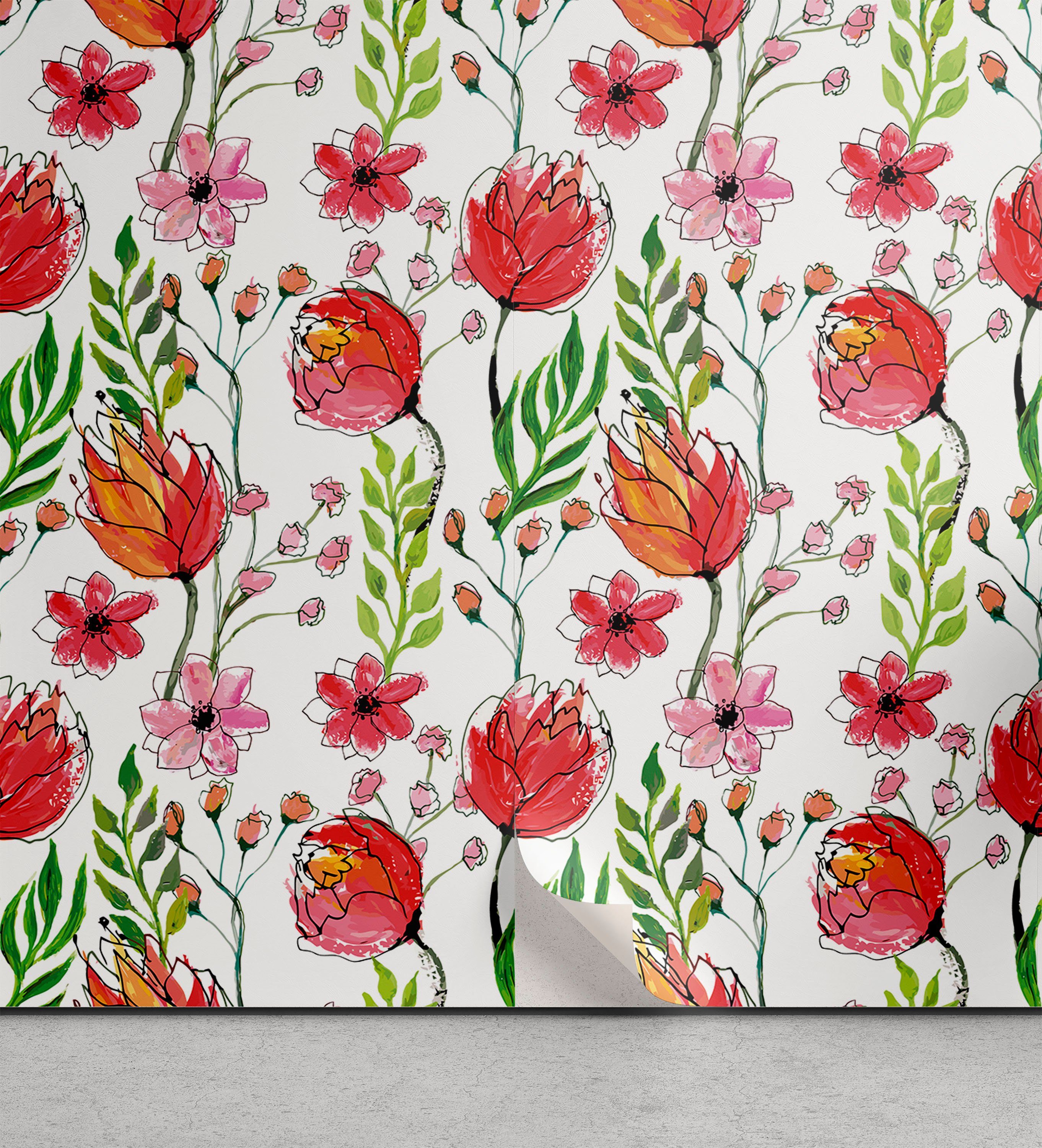 Abakuhaus Vinyltapete selbstklebendes Wohnzimmer Küchenakzent, Blumen Gekritzeltes Blumen und Blätter