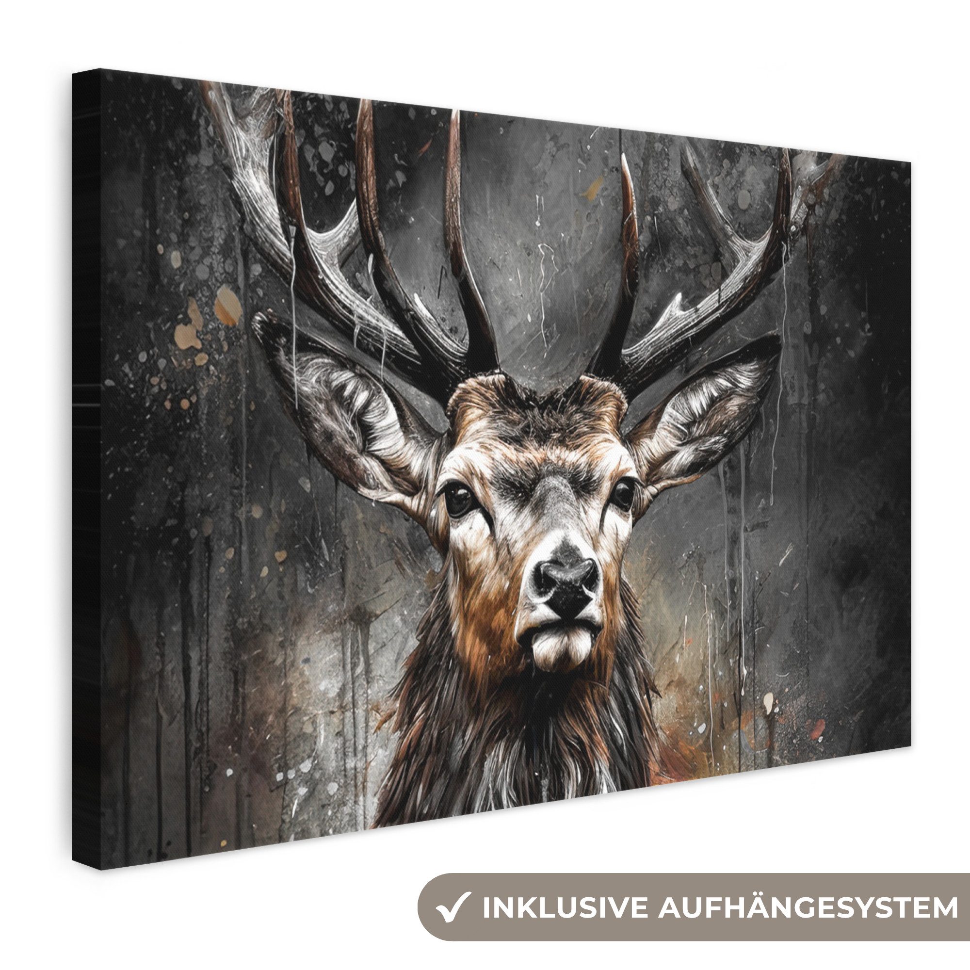 OneMillionCanvasses® Leinwandbild Hirsch - Schwarz - Tier - Hirschkopf, Fotodruck (1 St), Leinwand Bilder Klein, Wand Dekoration Aesthetic 30x20 cm