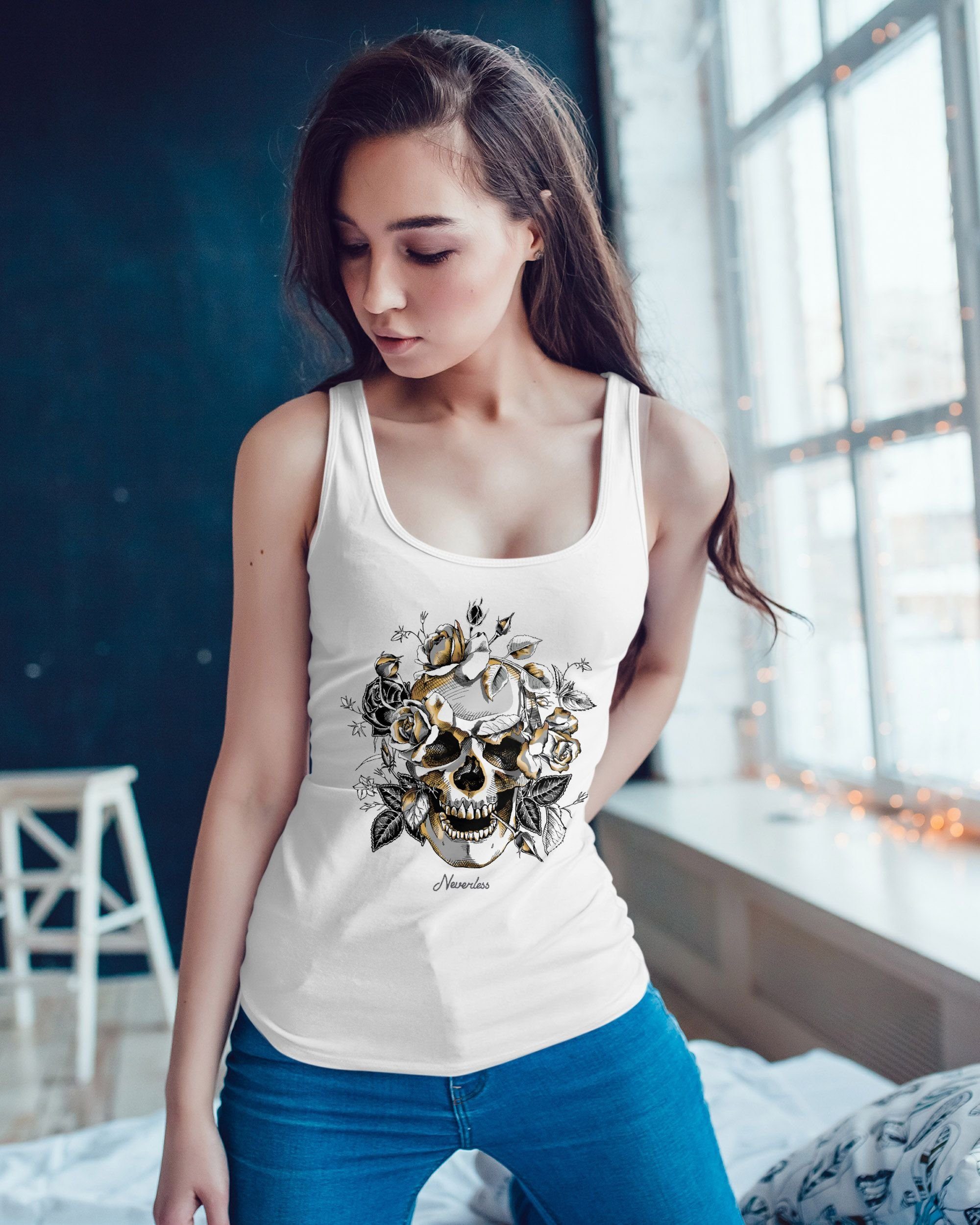 Neverless Tanktop Damen Tank-Top Totenkopf Rosen günstig online kaufen