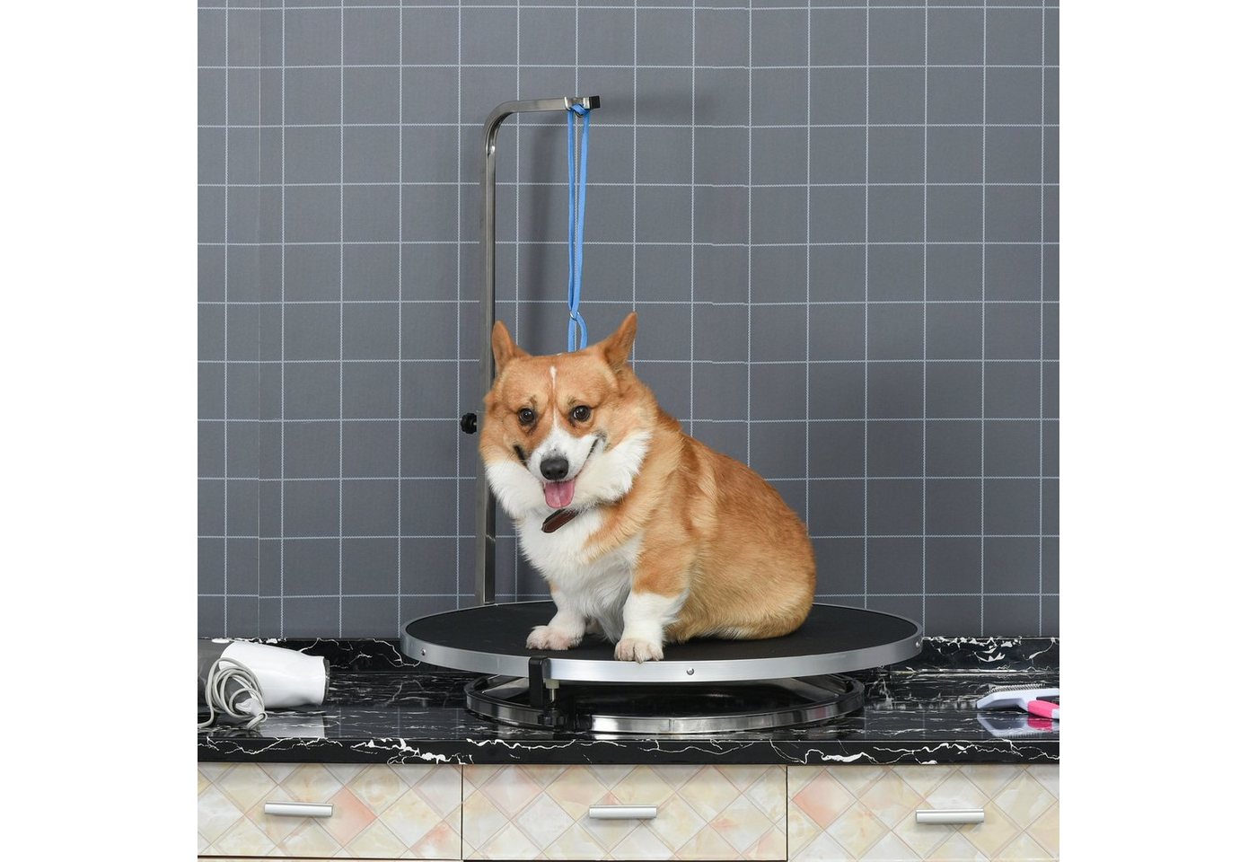 Thumbnail - PawHut Hundeschermaschine Trimmtisch Tierpflegetisch Edelstahl Rahmen Sicherheit Leine, drehbar trocknen Tabelle mit ver...