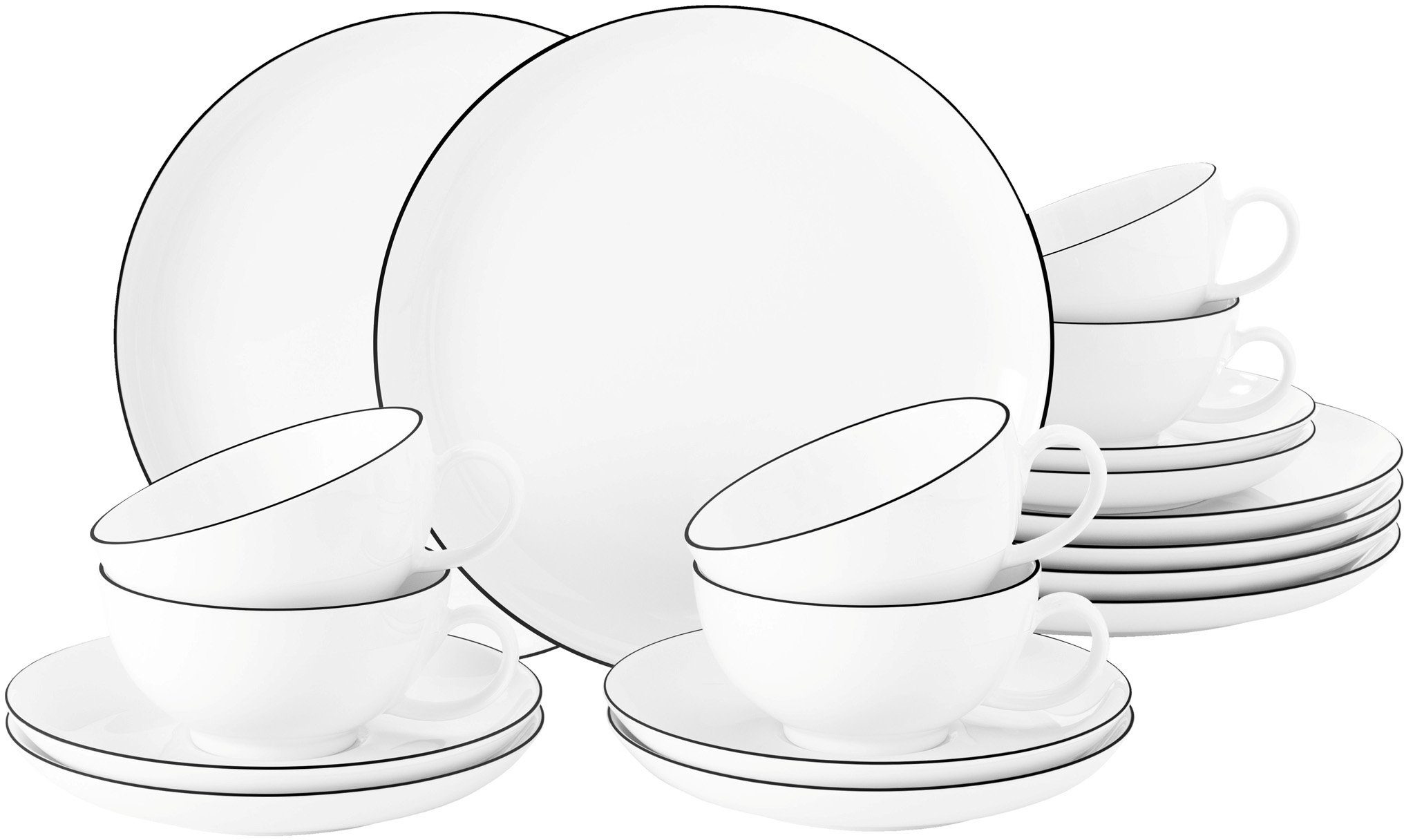 Seltmann Weiden Чайный сервиз Geschirr-Set Lido Black Line (18-tlg), 6 Personen, Porzellan, Tassen, Untertassen, Teller 18 Teile, für 6 Personen, Made in Germany