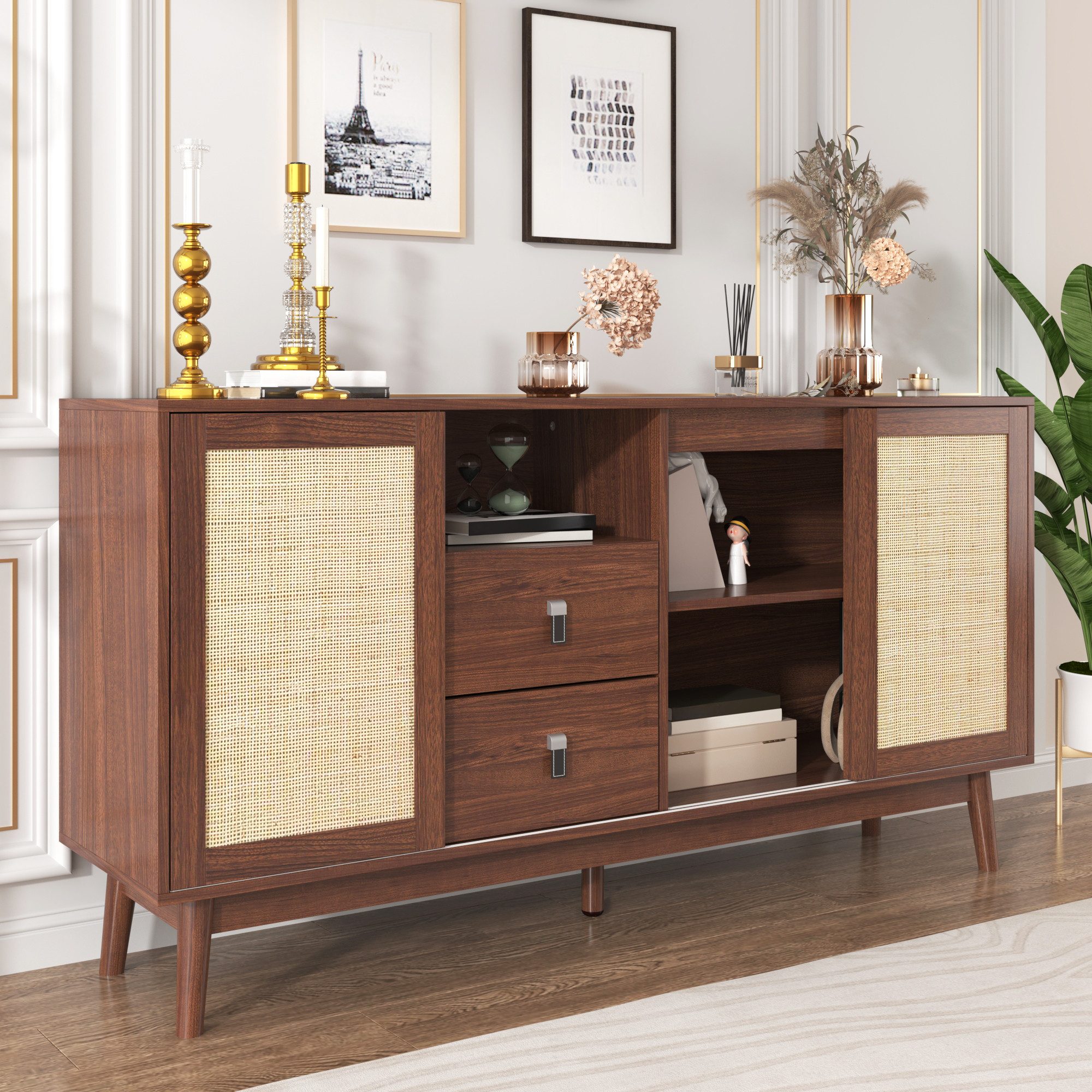 Merax Sideboard Skandi mit 3 Schiebetüren und 2 Schubladen (155 L x 38 B x 80 H, Brise), Rattan geflecht Kommode, Anrichte, Schrank mit Holzfüßen, Breit:155cm – Bild 4 von 5