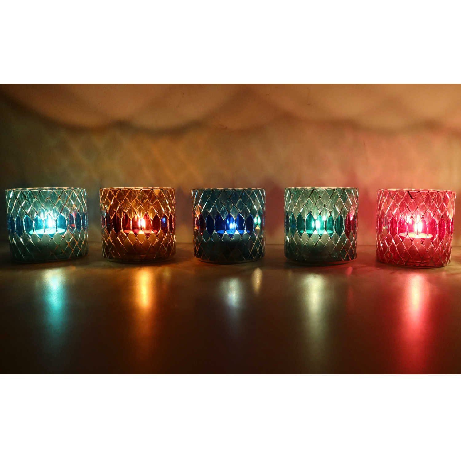 Glas-Windlicht 5 rund Weihnachten Ø Chic Mosaik Windlicht Farben (Boho Marokkanisches Rayan-S in Teelichthalter Glaswindlicht, 5er Kerzenständer orientalisch WZ170-S bunt Kerzenhalter), Set Moro 8cm Casa