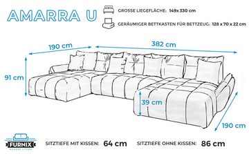 Furnix Wohnlandschaft Amarra Polstercouch in U-Form mit Schlaffunktion Bettkasten Kissen, Maße 382x71/91x190 cm, hochwertige Polsterstoffe