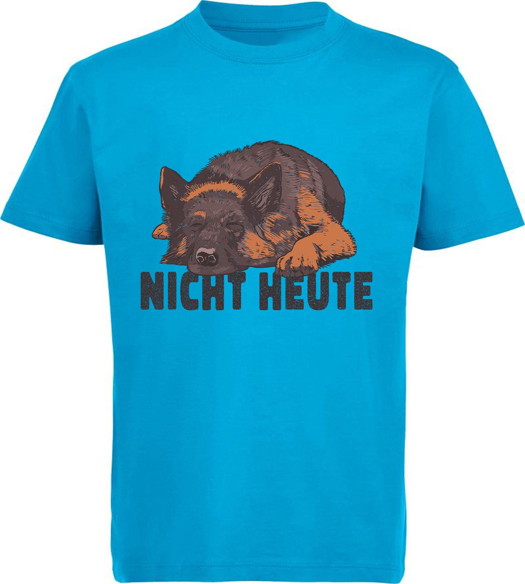 MyDesign24 Print-Shirt Kinder Hunde T-Shirt bedruckt - Schlafender Schäferhund Baumwollshirt mit Aufdruck, i233 aqua blau