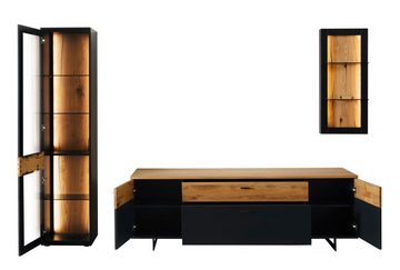 MCA furniture Wohnwand Wohnwand Cesena 2, Wildeiche / schwarzgrau, 3-teilig, LED Beleuchtu, (3-St)