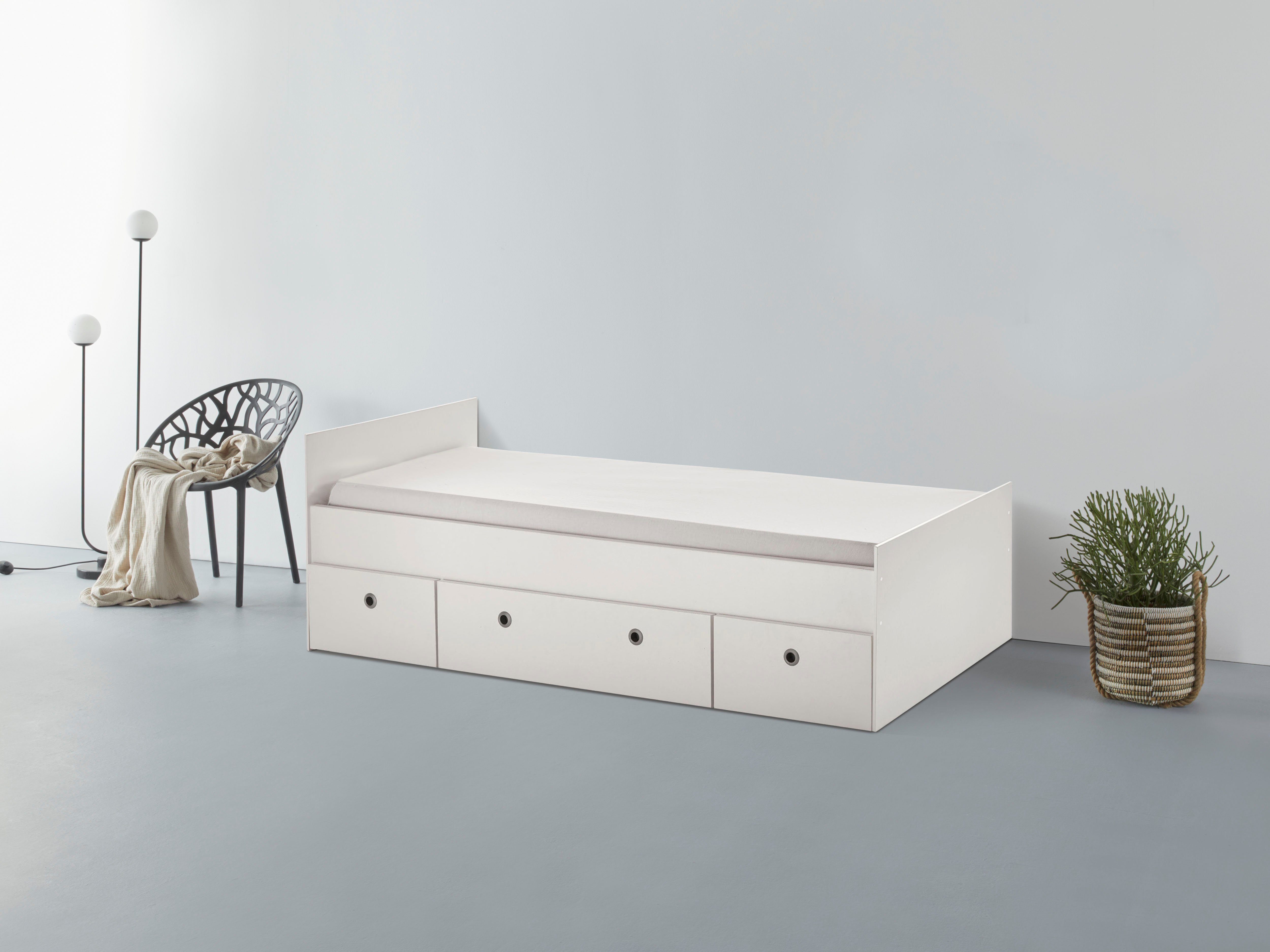 arthur berndt Stauraumbett Bente 1, TOP PREIS, viel Stauraum, 2 Breiten (90cm + 120cm), mit Melamin-Oberfläche, 3 Schubkästen auf Rollen, MADE IN GERMANY