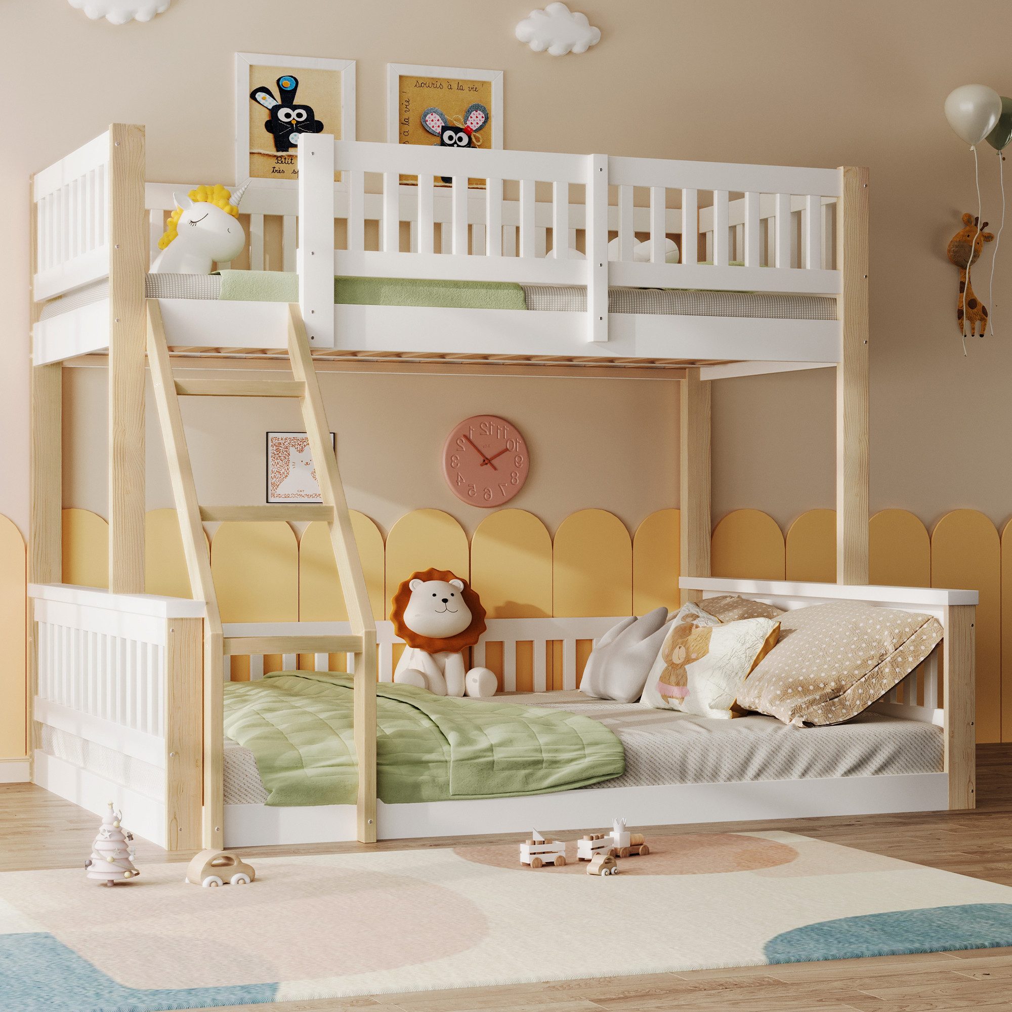 Ulife Etagenbett für 2 Kinder, Kinderhochbett aus Holz mit Leiter Bettgitter (1-St., Ohne Matratze), Weiß + Natur, 90x200cm+140x200cm